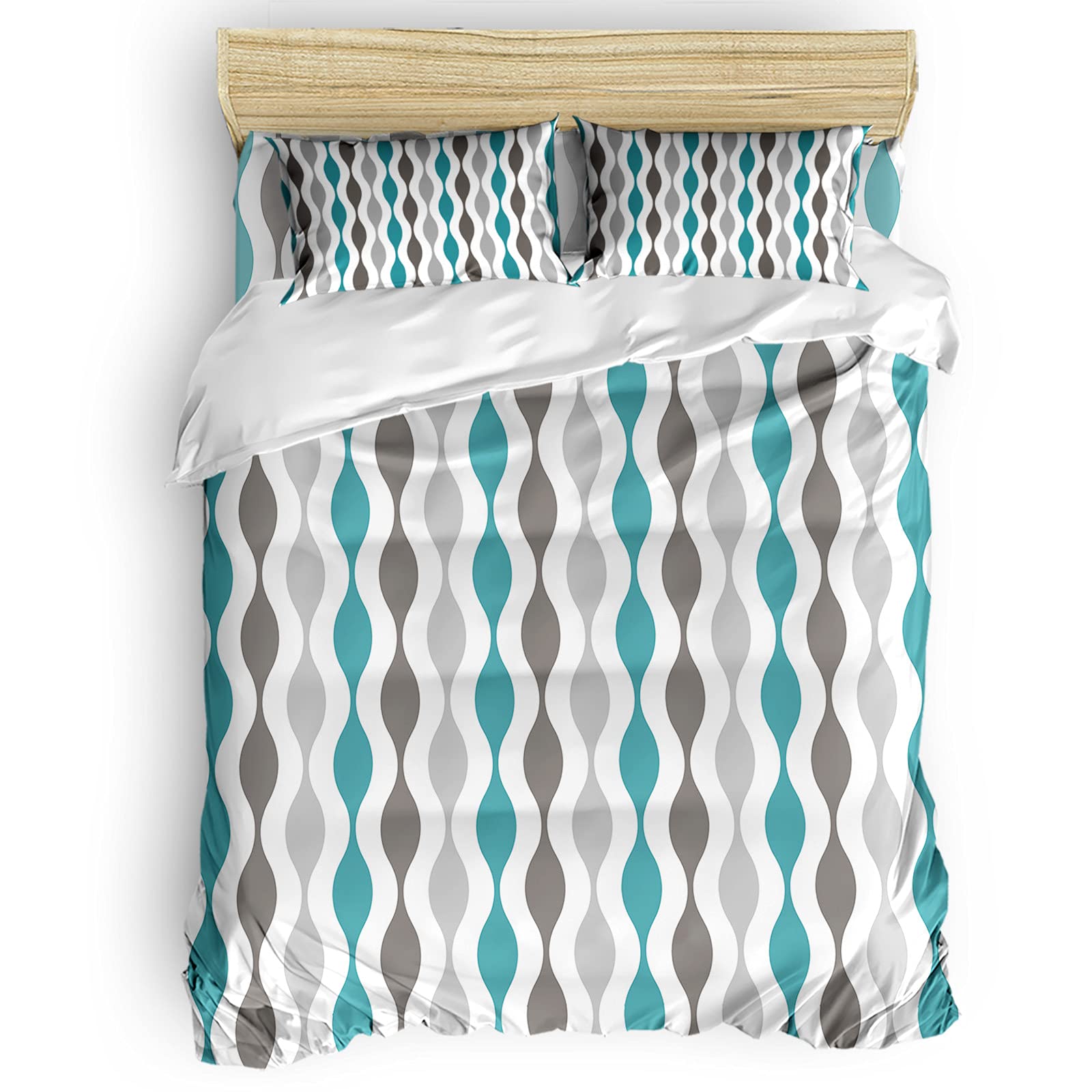 YOKOU King Size Duvet Cover Set - 4 Piece Mid Century Geometric Pattern in Gray & Turquoise | Zipper Closure, Corner Ties, Sheet & 2 Pillow Shams | Luxury Bedding for Modern Master Bedroom & Guest Room Decor