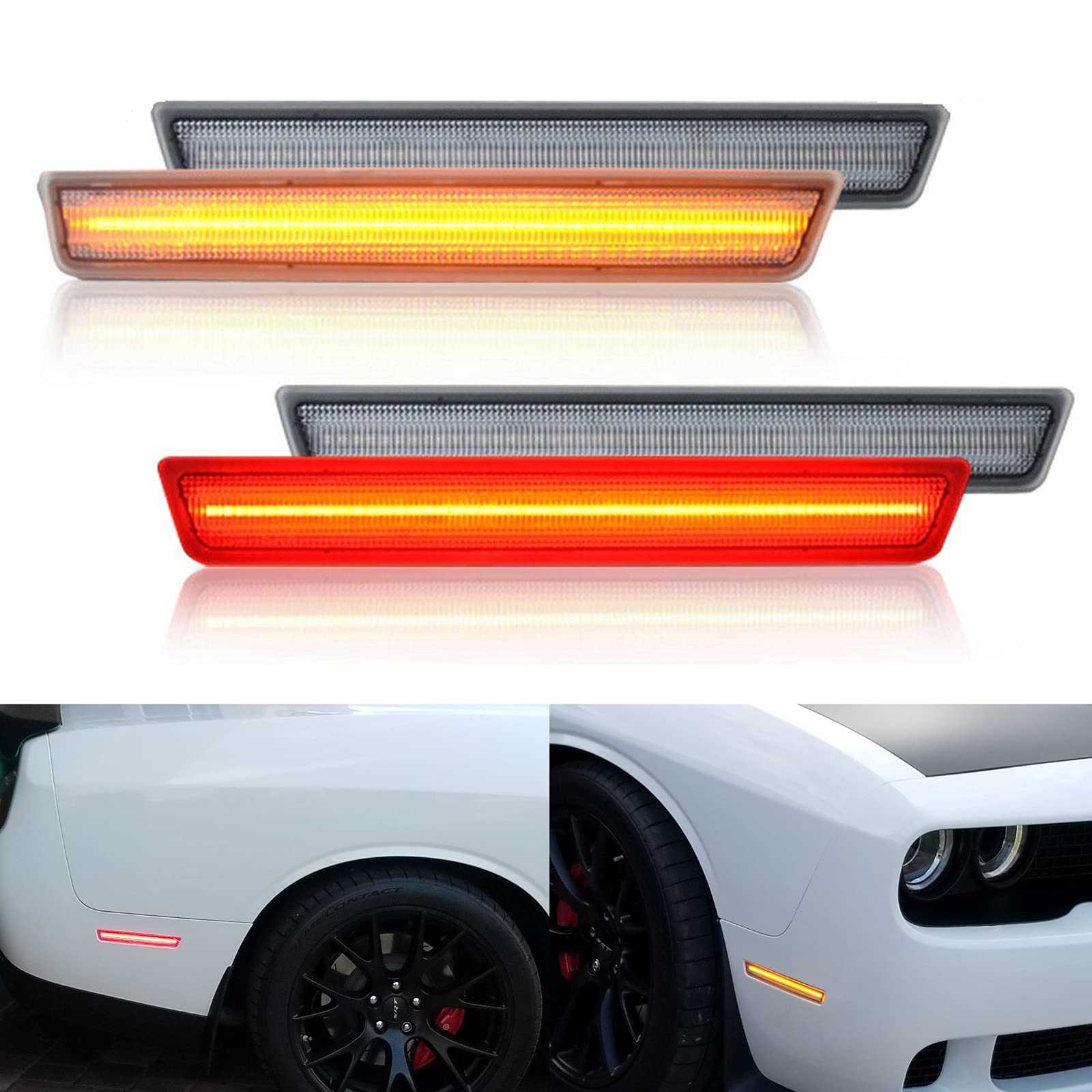 Amber Red LED Side Marker Lights for 2015-2019 Dodge Challenger - Front Amber Rear Red Clear Lens LED Side Markers - Perfect for Night Driving & Car Customization