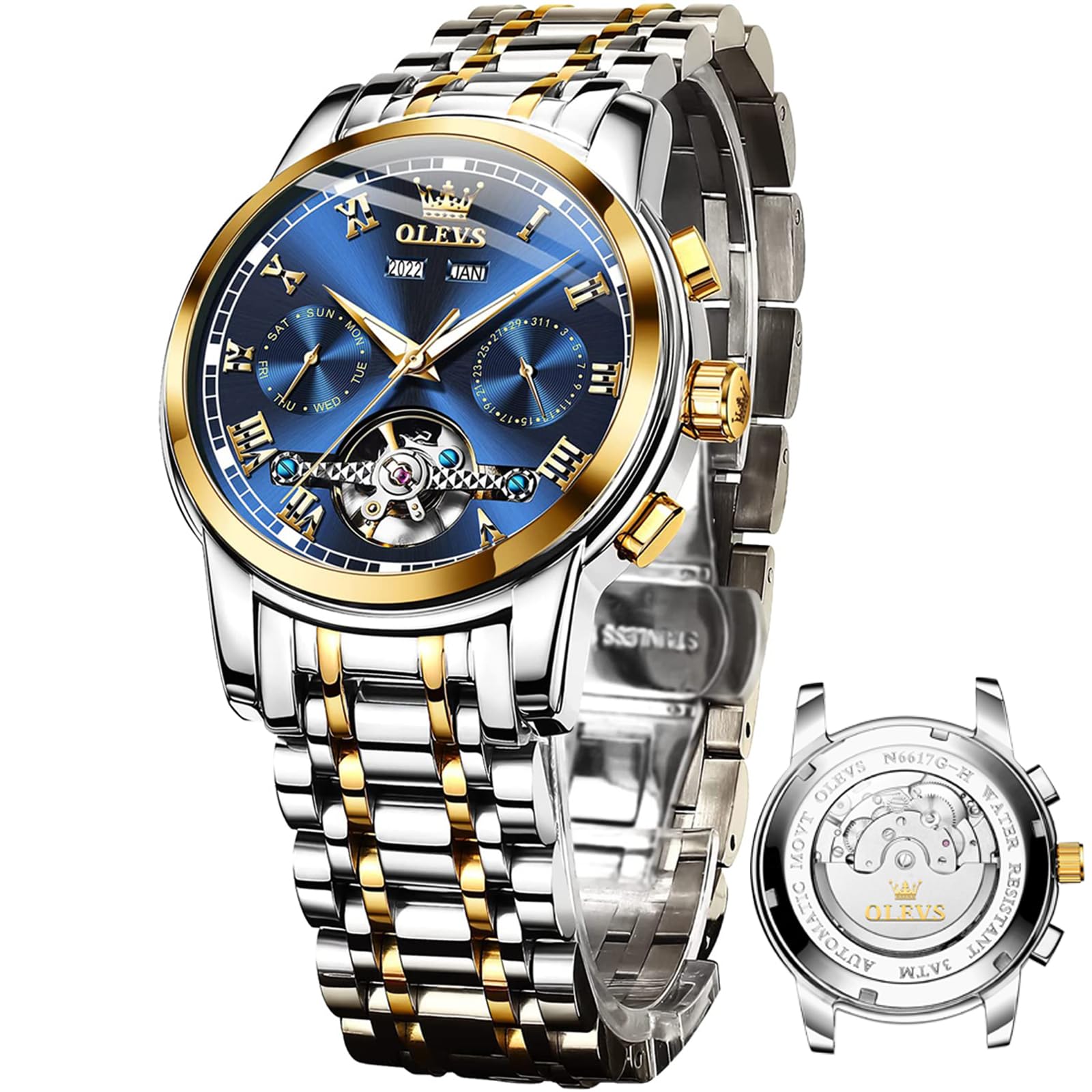 OLEVS Luxury Men's Automatic Self-Winding Skeleton Watch with Date Display - Waterproof & Luminous Business Dress Watch for Men - Perfect for Office, Formal Events & Everyday Wear