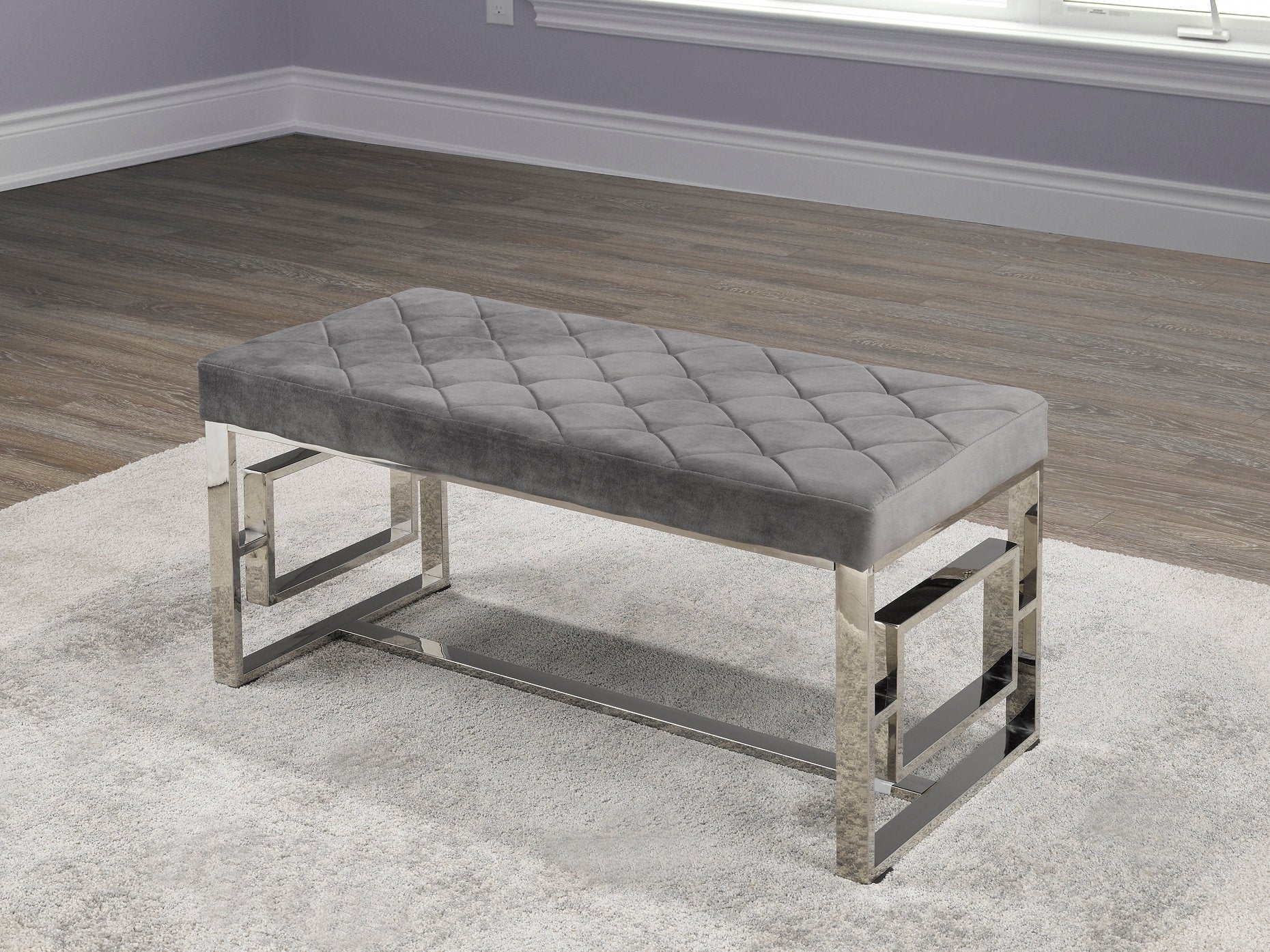 Chrome Bench with Grey Velvet Top - Modern Upholstered Seat for Entryway, Bedroom or Living Room - Stylish and Durable Home Furniture