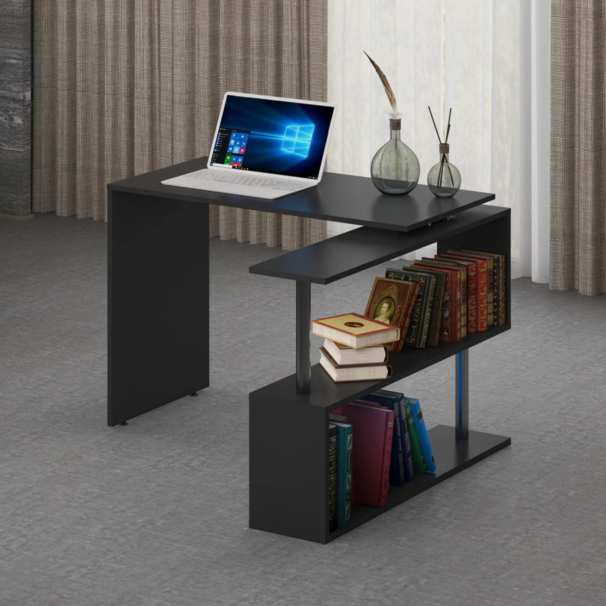 Decsix L-Shaped Computer Desk with Rotating Design & 2-Tier Bookshelves - 66.93x19.70x29.13 Inch Black Corner Desk for Home Office, Gaming & Study - Spacious Storage Workstation for Small Spaces & Dorm Rooms
