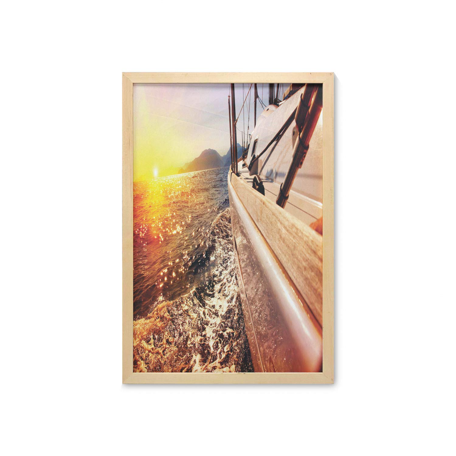 Ambesonne Framed Nautical Wall Art - Sailing Sunset Over Mountain Lake Landscape Print - 23