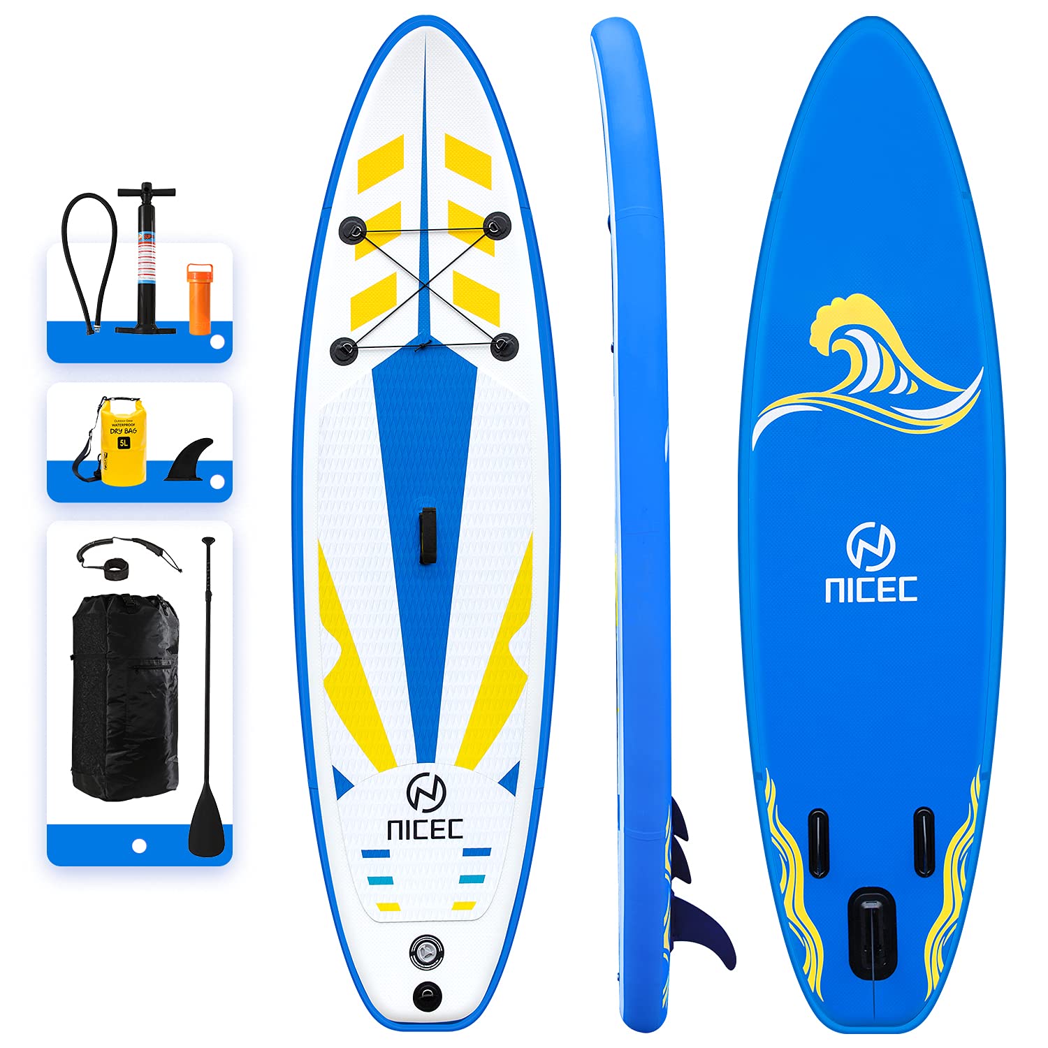 **Inflatable Stand Up Paddle Board (SUP) with Accessories - Wide Stance, Non-Slip Deck, Bottom Fin for Stability - Perfect for Surfing, Yoga & Recreation - Youth & Adult Use**