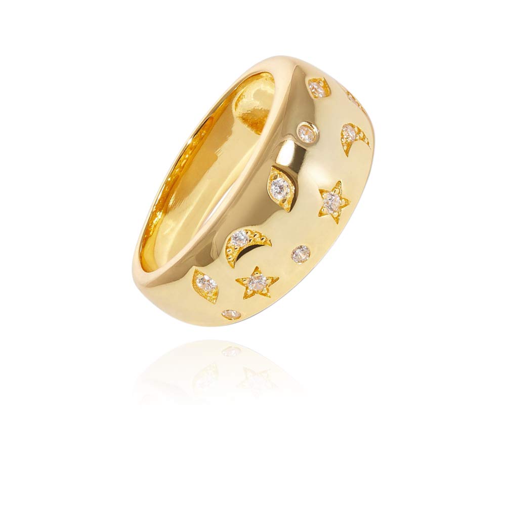 18k Gold Plated Chunky Dome Ring with Star Moon CZ - Minimalist Statement Jewelry for Women & Girls - Perfect for Parties, Dates & Everyday Wear