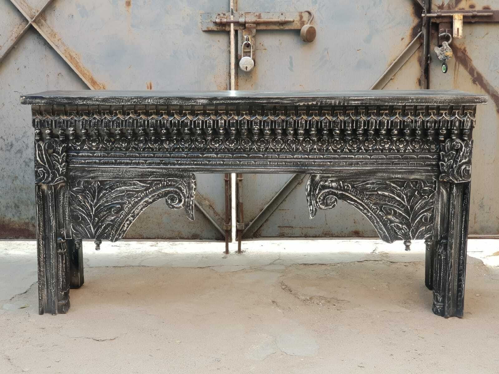 Hand Carved Indian Solid Wood Console Table - Elegant Entryway Hall Table for Living Room, Foyer & Home Decor - Black Finish
