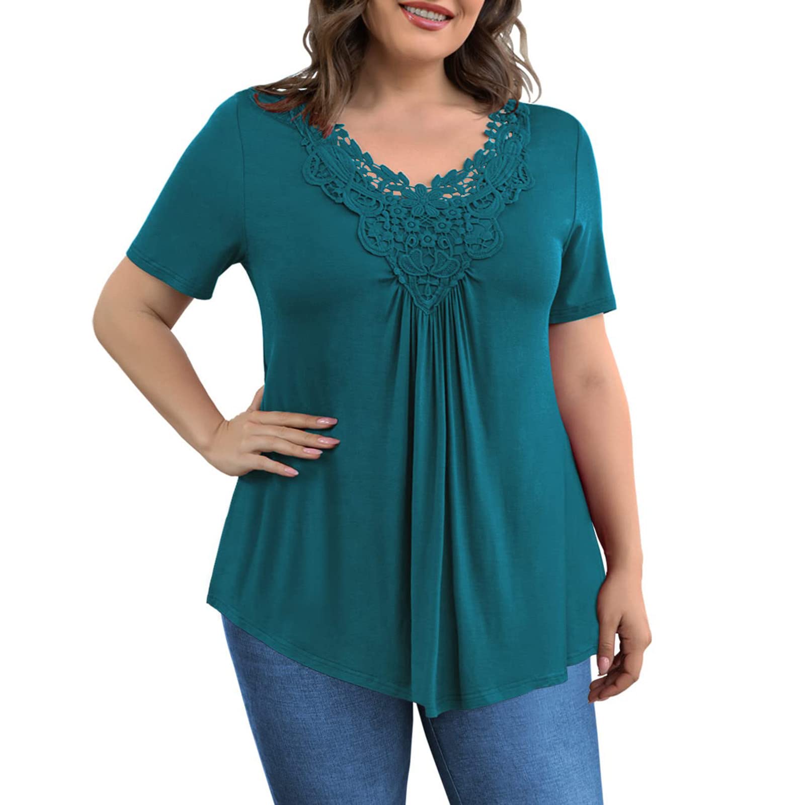2022 Plus Size Flowy Summer Tops for Women - Trendy V Neck Lace Patchwork Short Sleeve T-Shirts - Casual Comfy Tunic Tops for Beach, Vacation & Everyday Wear