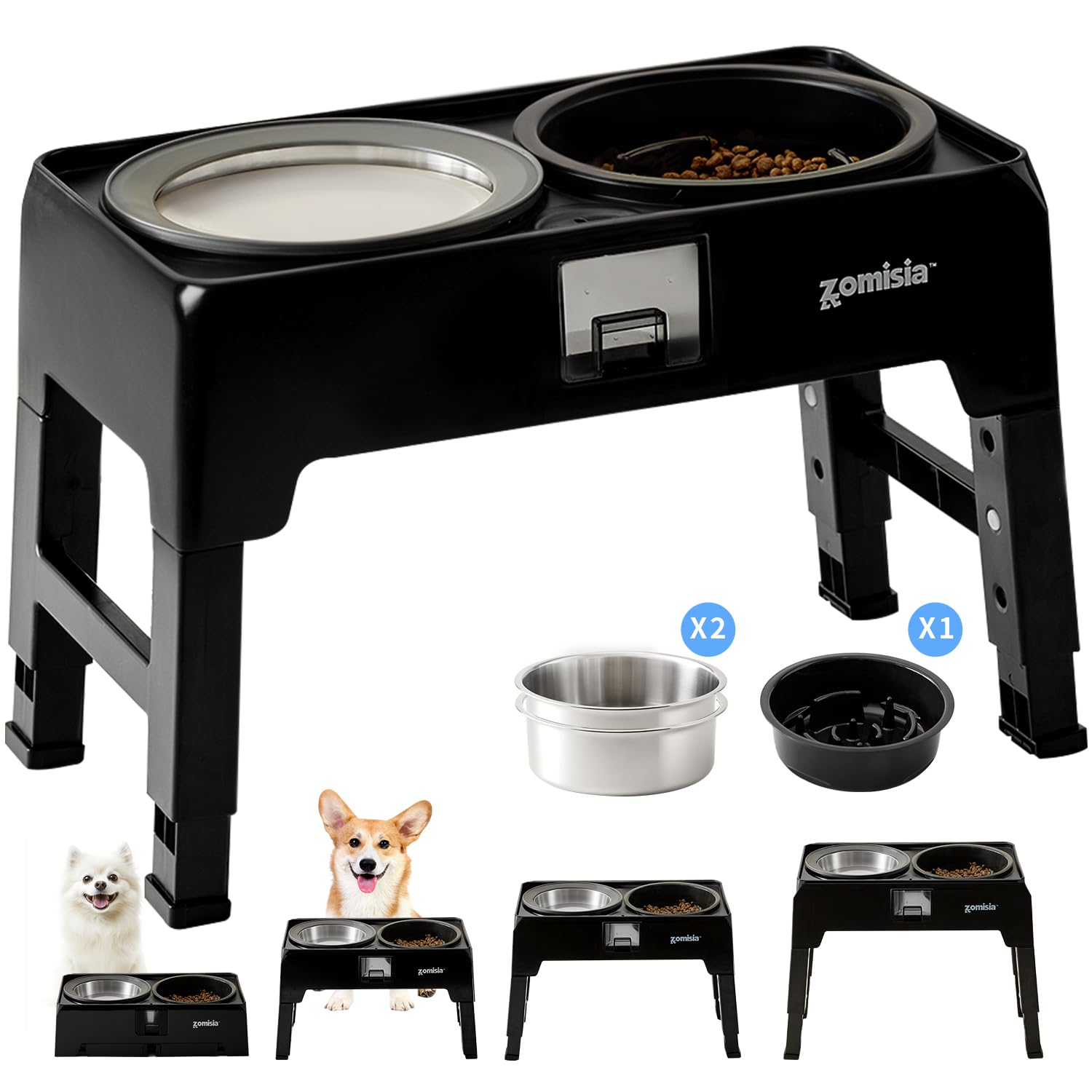 3-in-1 Adjustable Elevated Dog Bowls Set - Slow Feeder & No-Spill Water Bowl with Stainless Steel Food Dish, 4 Height Settings up to 13.4