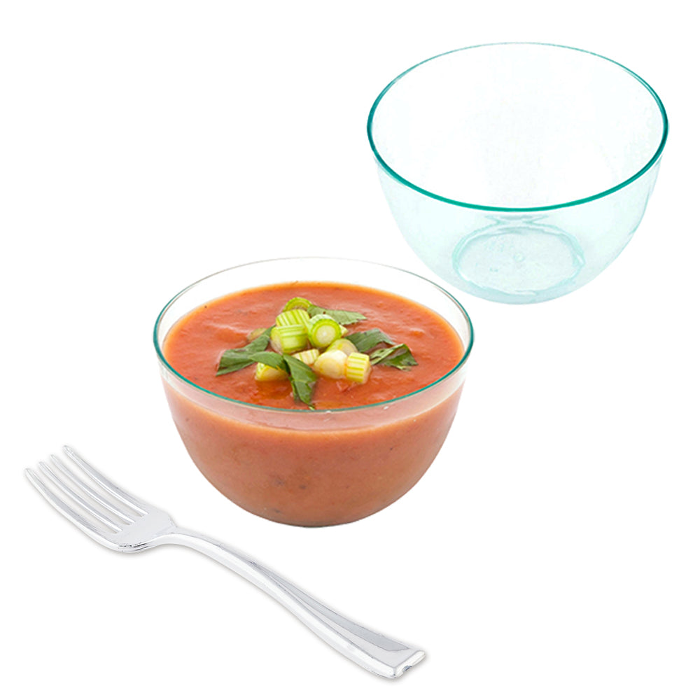 100 Pack 4 oz Round Seagreen Plastic Bodega Cups with 100 Silver Mini Plastic Forks - Perfect for Parties, Picnics, and Catering Events