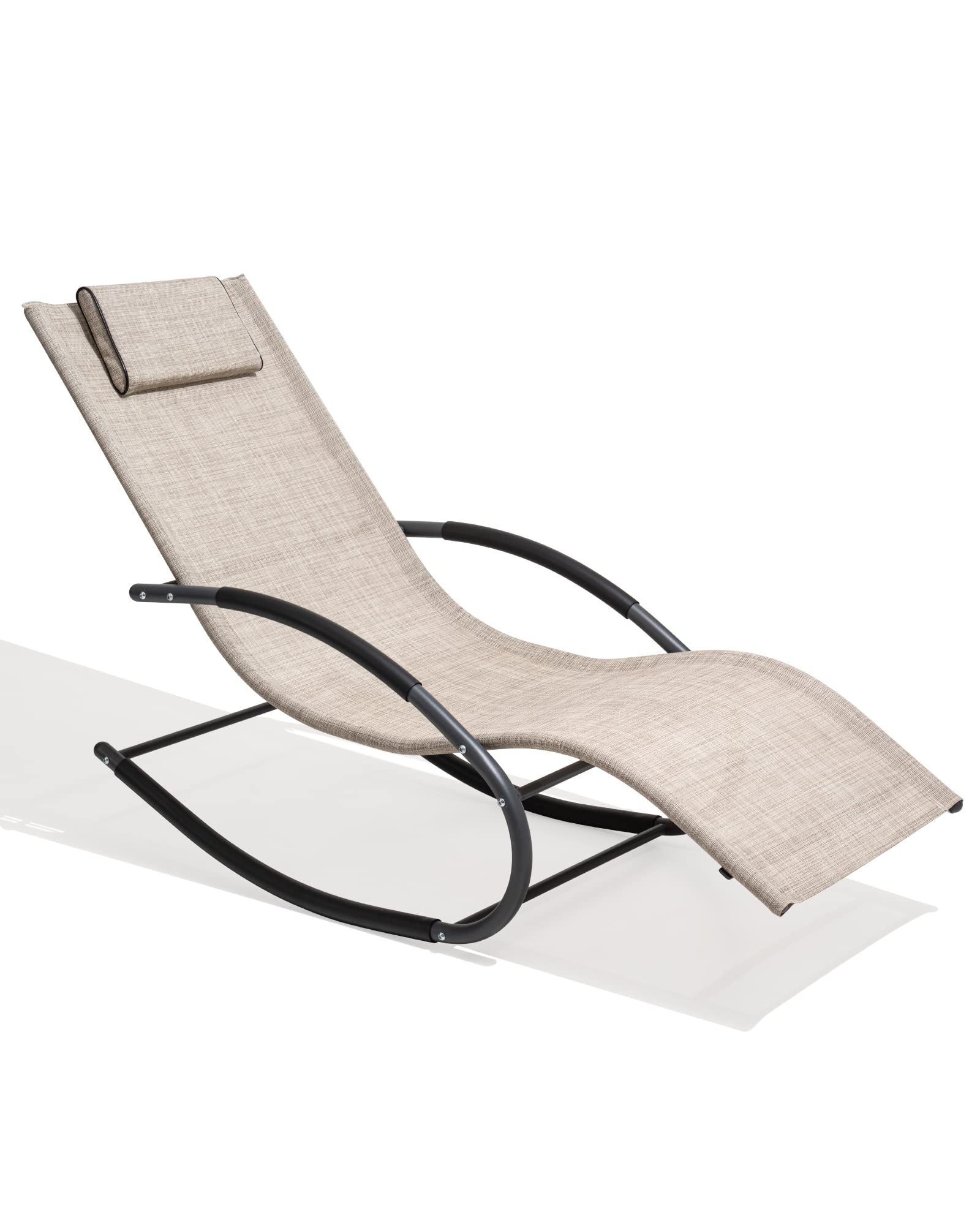 Patio Rocking Chair with Pillow - Curved Steel Frame Rocker Chaise Lounge for Outdoor & Indoor Use - Perfect for Beach, Yard, Pool, Garden & Relaxation - Gray Steel Frame (Beige Cushion)