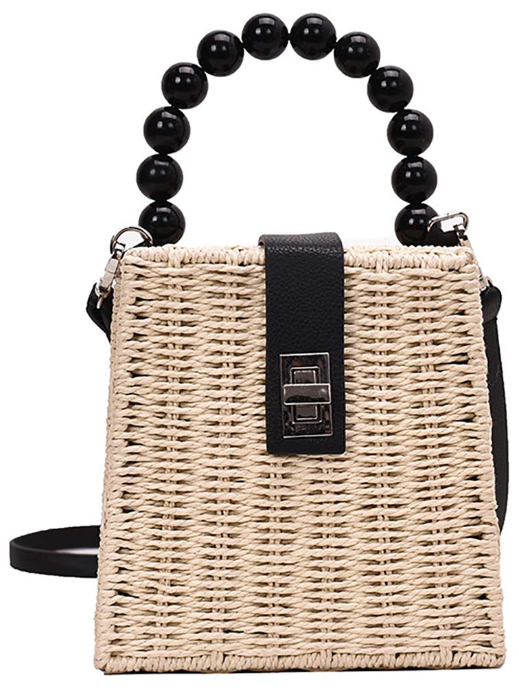 QZUnique Women's Straw Bucket Bag with Bamboo Handle - Drawstring Woven Top Handle Shoulder Handbag for Summer Beach, Travel & Boho Fashion Accessories