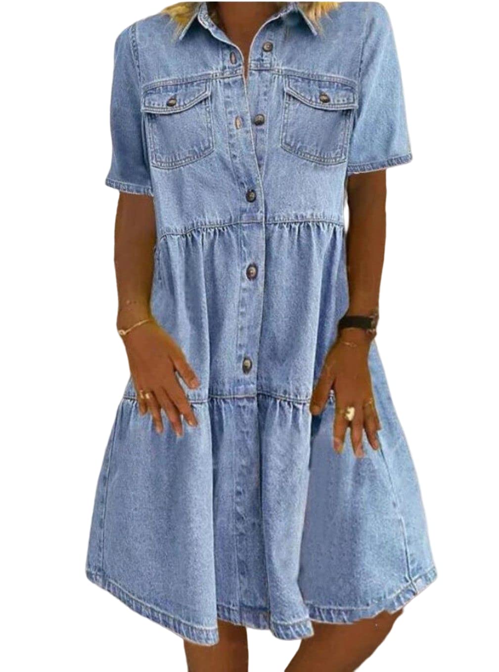 Women's Casual Short Sleeve Denim Midi Dress with Pockets & Button Down Pleated Design - Perfect for Summer Outings, Brunch Dates and Weekend Getaways