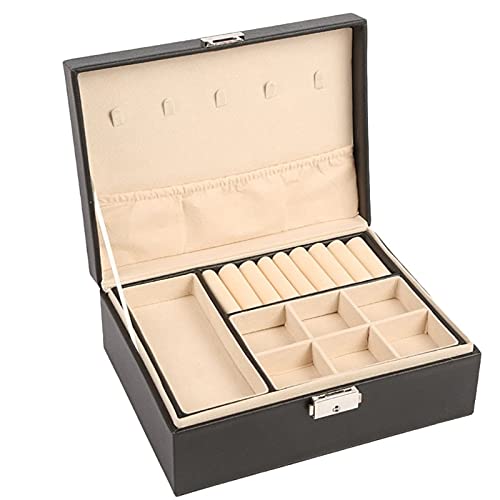 HEEQING AE205 Genuine Leather Jewelry Box with Wooden Frame - Double Layer Storage for Rings, Necklaces, Earrings & Bracelets - Perfect for Women's Cosmetic & Jewelry Organization at Home or Travel
