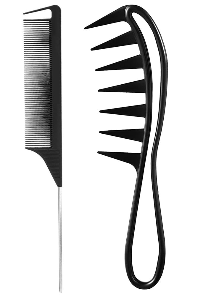 2 Pack Carbon Fiber Hair Combs - Tail Comb & Wide Tooth Comb for Teasing, Styling & Lifting - Professional Salon & Home Hair Care Supplies (Black) - Perfect for Hair Styling, Detangling & Volume Creation