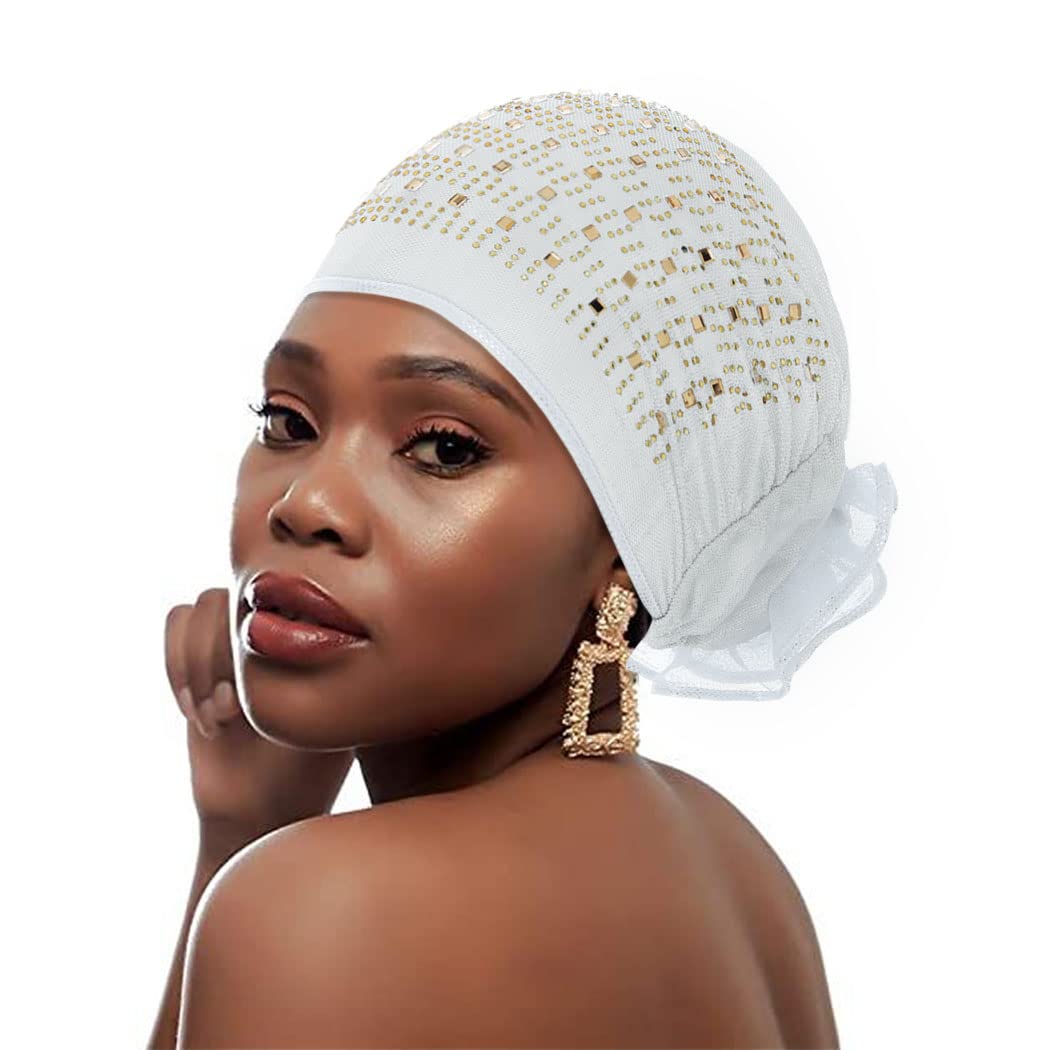 Woeoe Women's African Turban Head Wrap - Silver Rhinestone Stretch Flower Scarf, Breathable Beanie for Black Women | Perfect for Church, Weddings, Parties & Everyday Fashion
