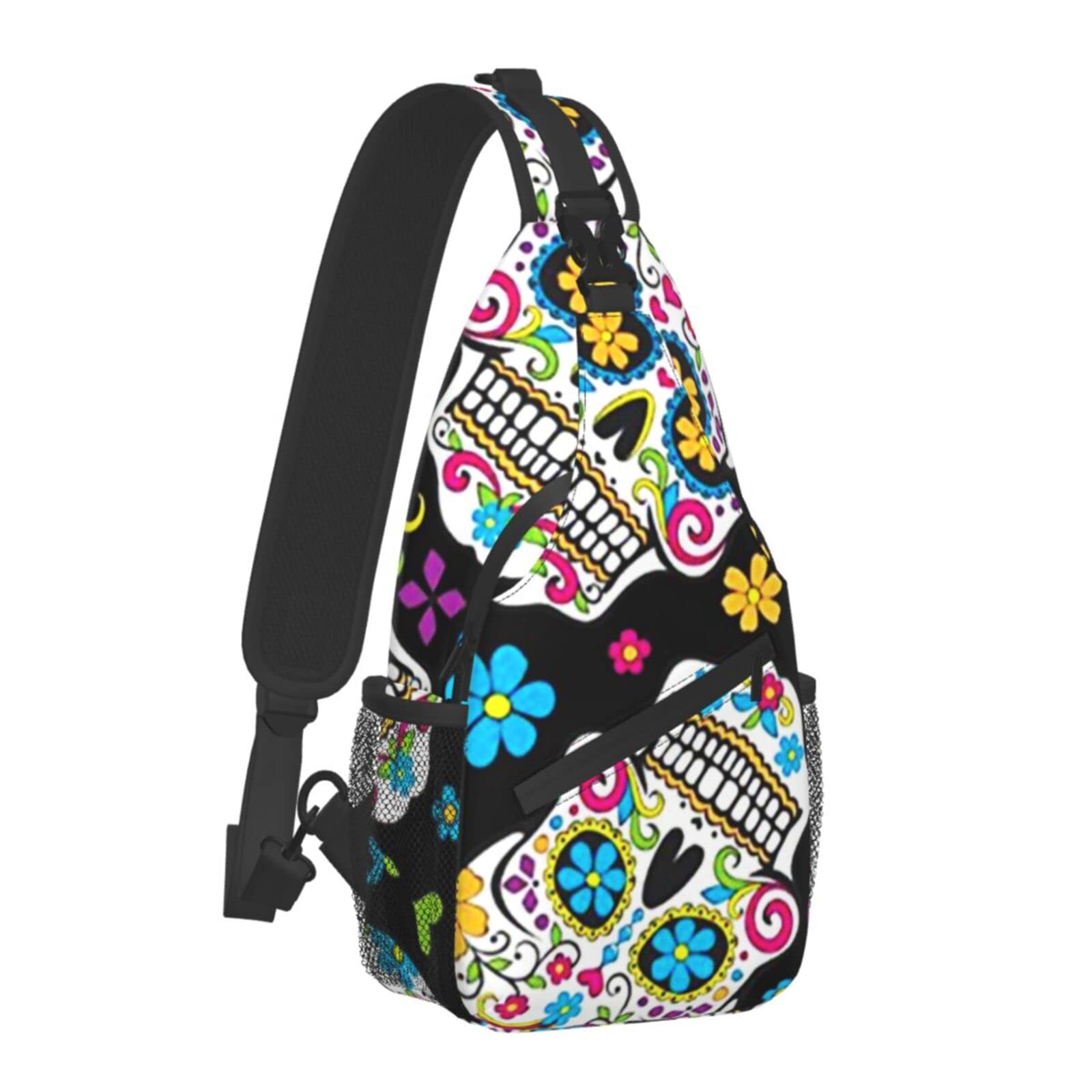 SWEET TANG Men's Fashion Crossbody Bag - Sugar Skull & Black Floral Print Sling Backpack with Zipper Pockets for Cycling, Travel, Hiking & Outdoor Activities | Perfect for Commuting, Festivals and Daily Use