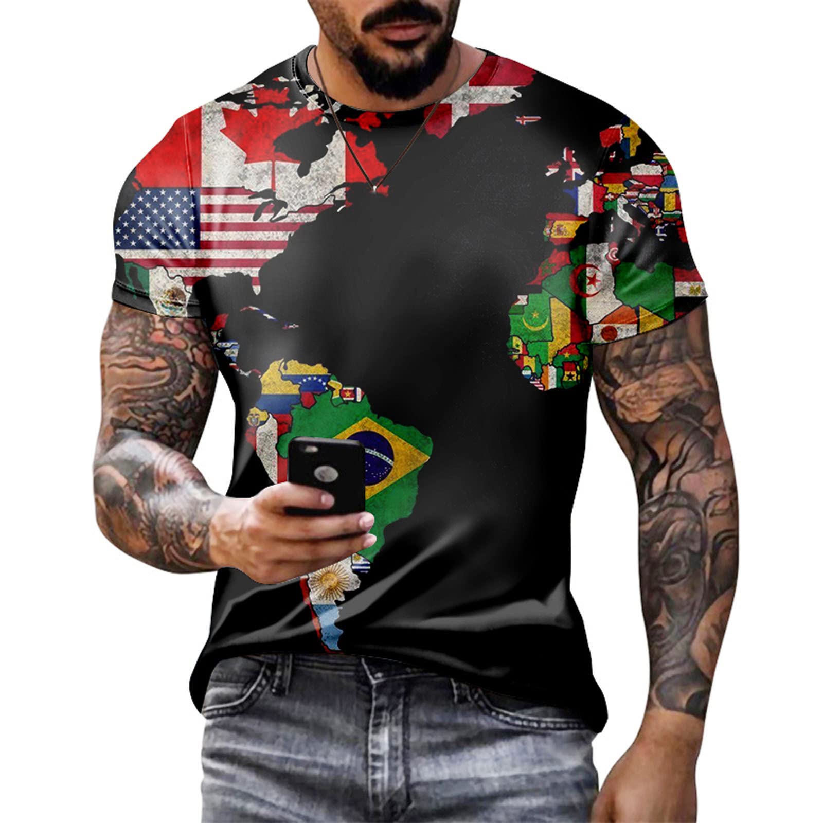 Men's Graphic T-Shirt - Novelty Hip Hop World Map Print Slim Fit Short Sleeve Tee | Summer Casual Streetwear Top | Perfect for Music Festivals, Street Style & Everyday Wear