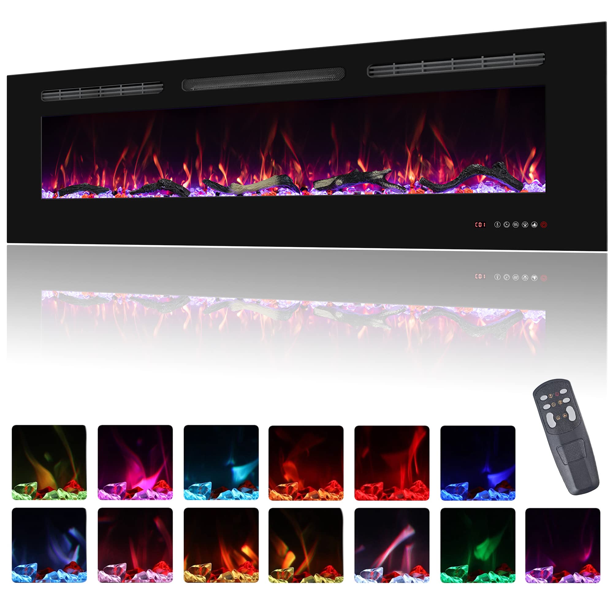 60 Inch Wall Mounted Electric Fireplace Heater - 750W/1500W with Realistic 13x13 Flame Effects, Low Noise, Timer & Thermostat - Perfect for Living Room, Bedroom & Office (Black)