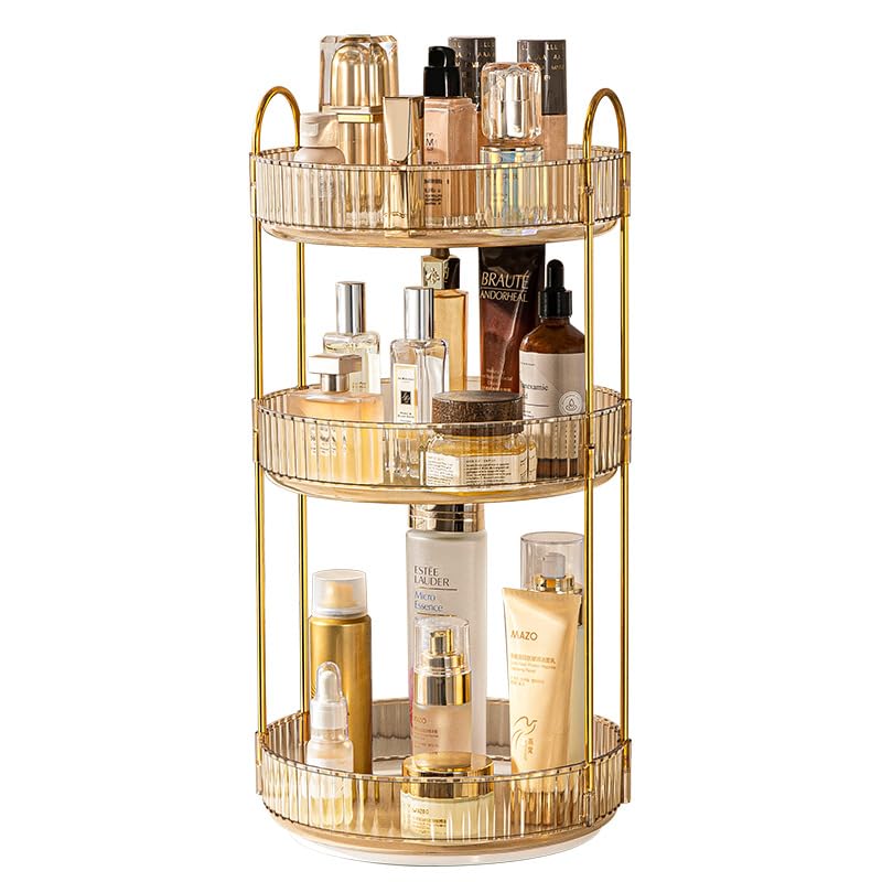 360° Rotating Makeup Organizer - 3-Tier High Capacity Cosmetic & Skincare Storage for Vanity, Bathroom Counter, Dresser (Amber) | Perfect for Organizing Lipsticks, Brushes & Beauty Products
