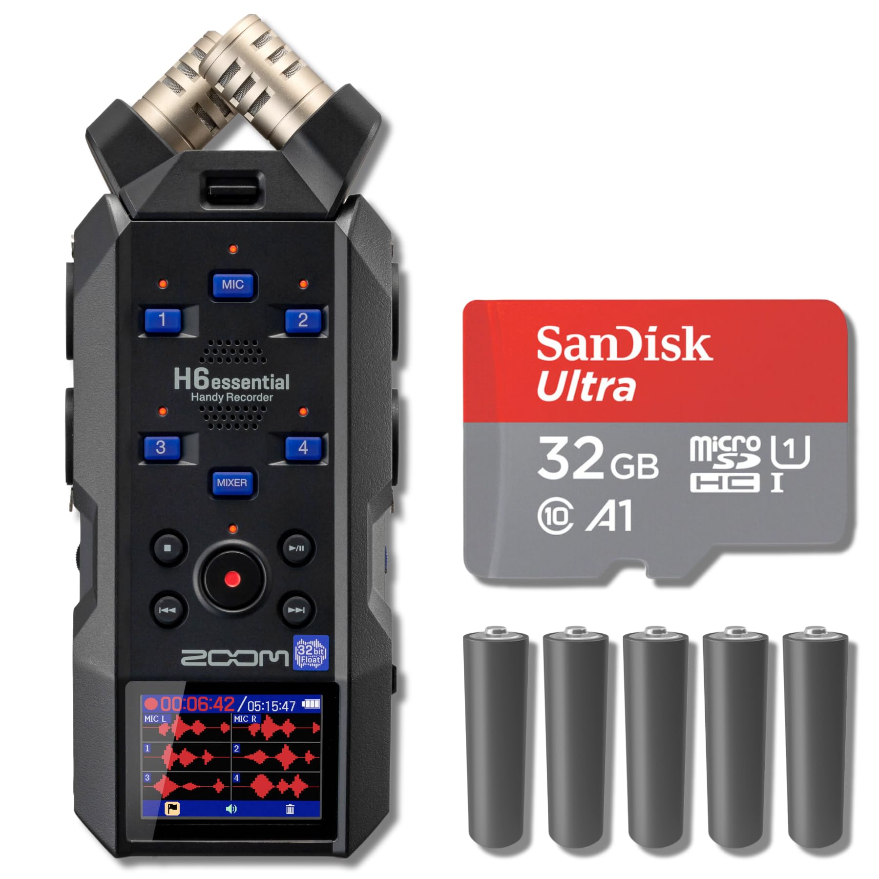 Zoom H6 Essential 6-Track 32-Bit Float Portable Audio Recorder with 32GB microSD Card & AA Batteries - Perfect for Podcasting, Field Recording & Music Production