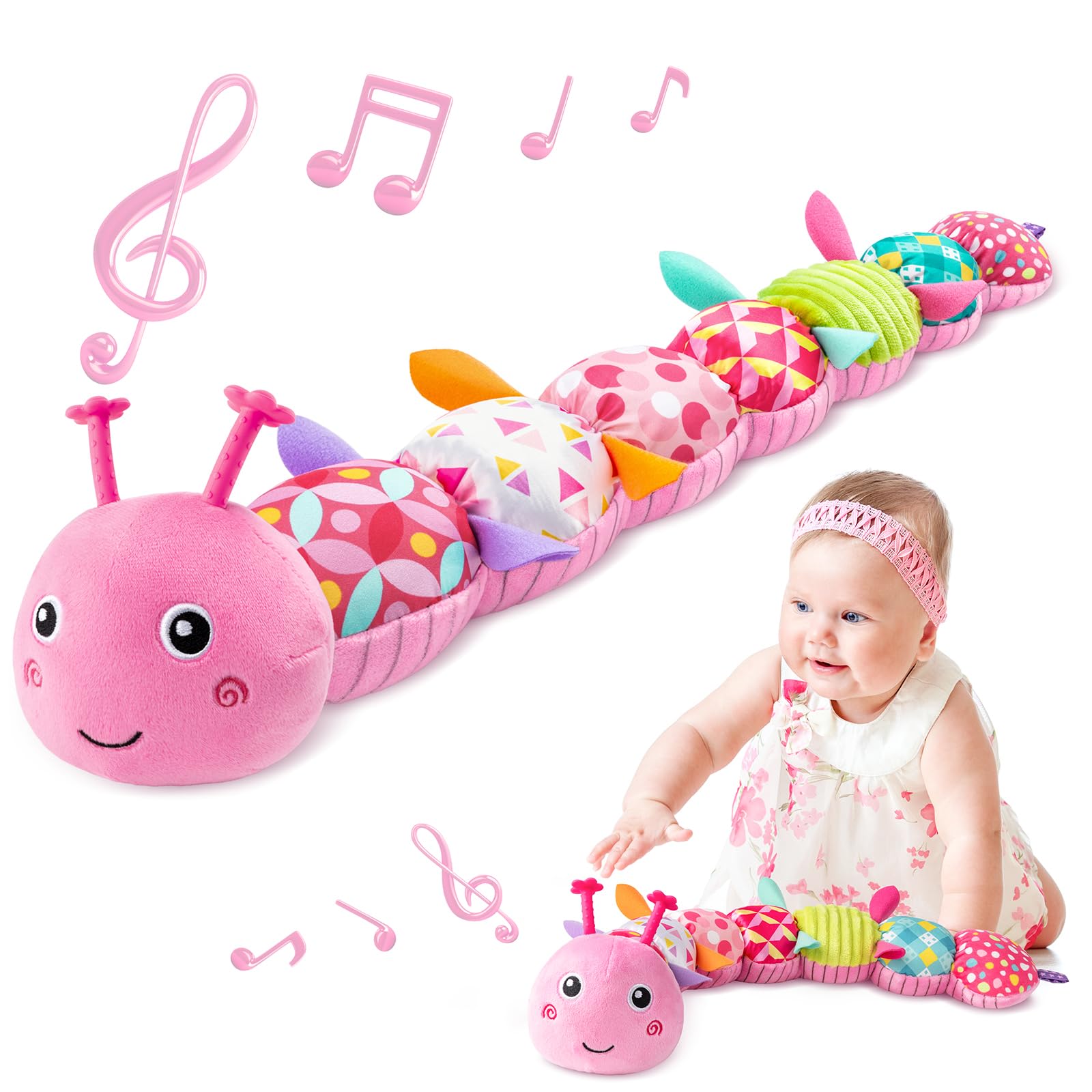 Sumobaby Musical Stuffed Animal Toy for Babies 0-12 Months - Multi-Sensory Infant Toy with Crinkle Sounds & Rattles - Tummy Time Developmental Toy for Newborn Boys & Girls (Pink Caterpillar) - Perfect for Nursery Playtime, Sensory Stimulation & Early Learning