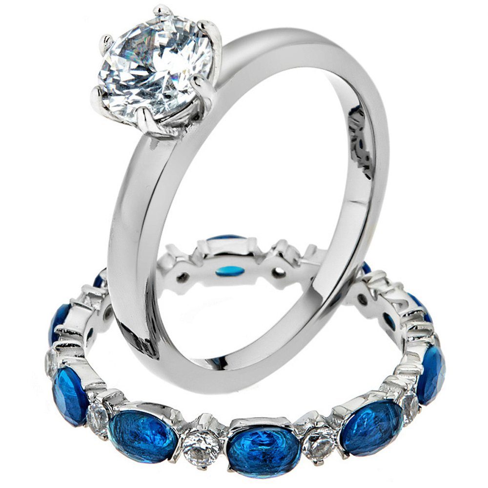 2.25ct Blue Cubic Zirconia Wedding Ring Set for Women Size 5-10 | Elegant Stainless Steel Jewelry for Brides & Anniversaries