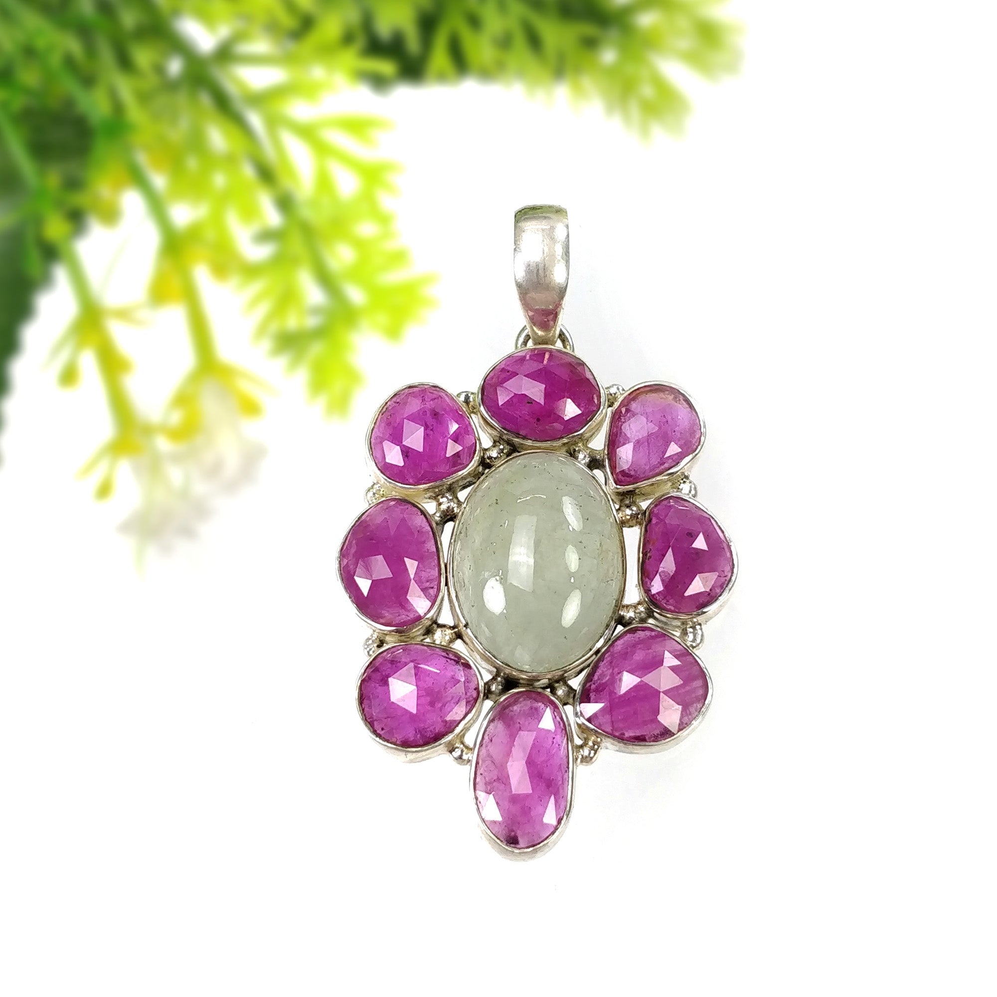 925 Sterling Silver Pendant with Natural Aquamarine & Glass-Filled Red Ruby Gemstones - Cabochon and Faceted Bezel Set Jewelry (2.25