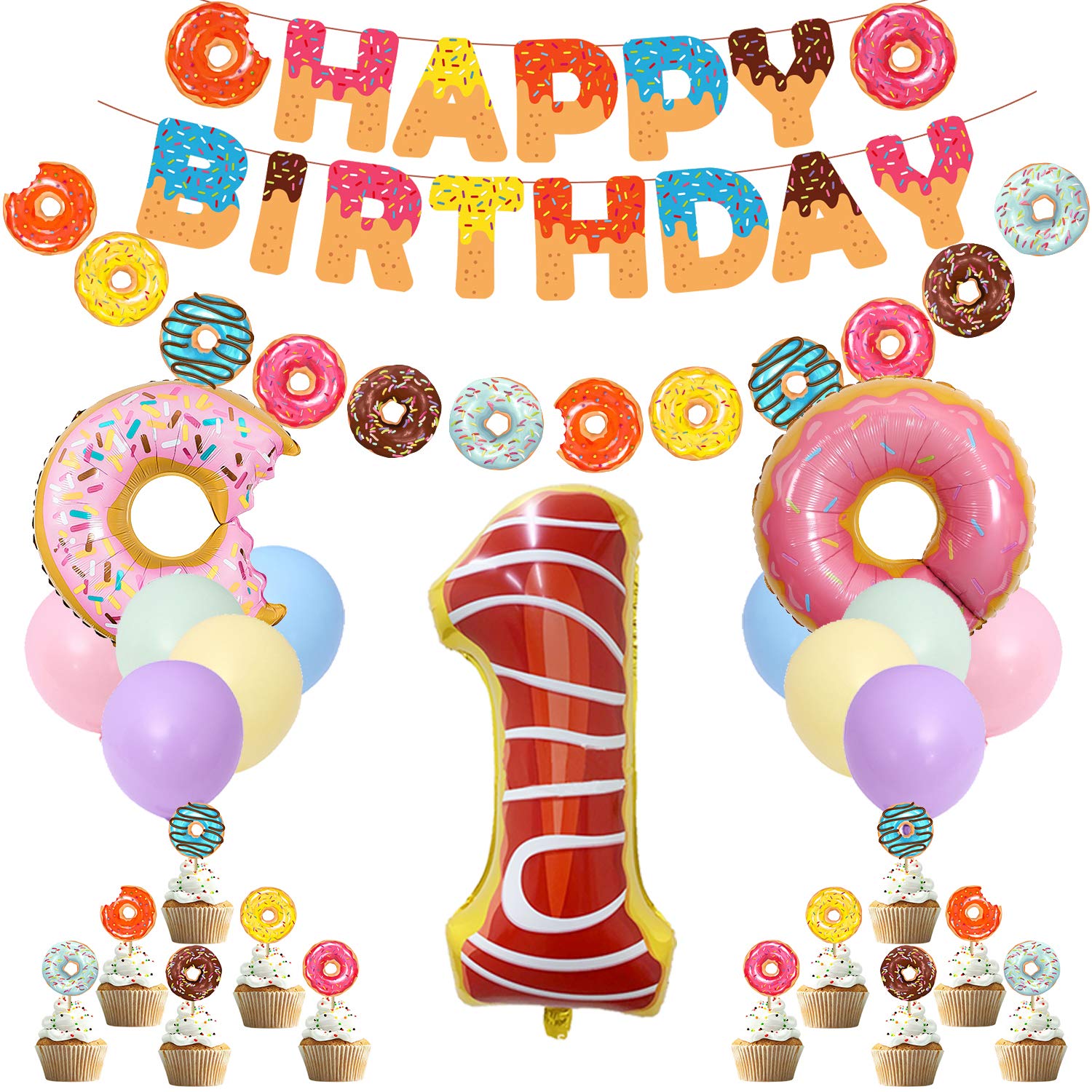 1st Birthday Party Decorations Kit for Girls - Donut Theme with Balloons & Banner | Perfect for Baby's First Birthday, Donut-Themed Celebrations & Photo Backdrops