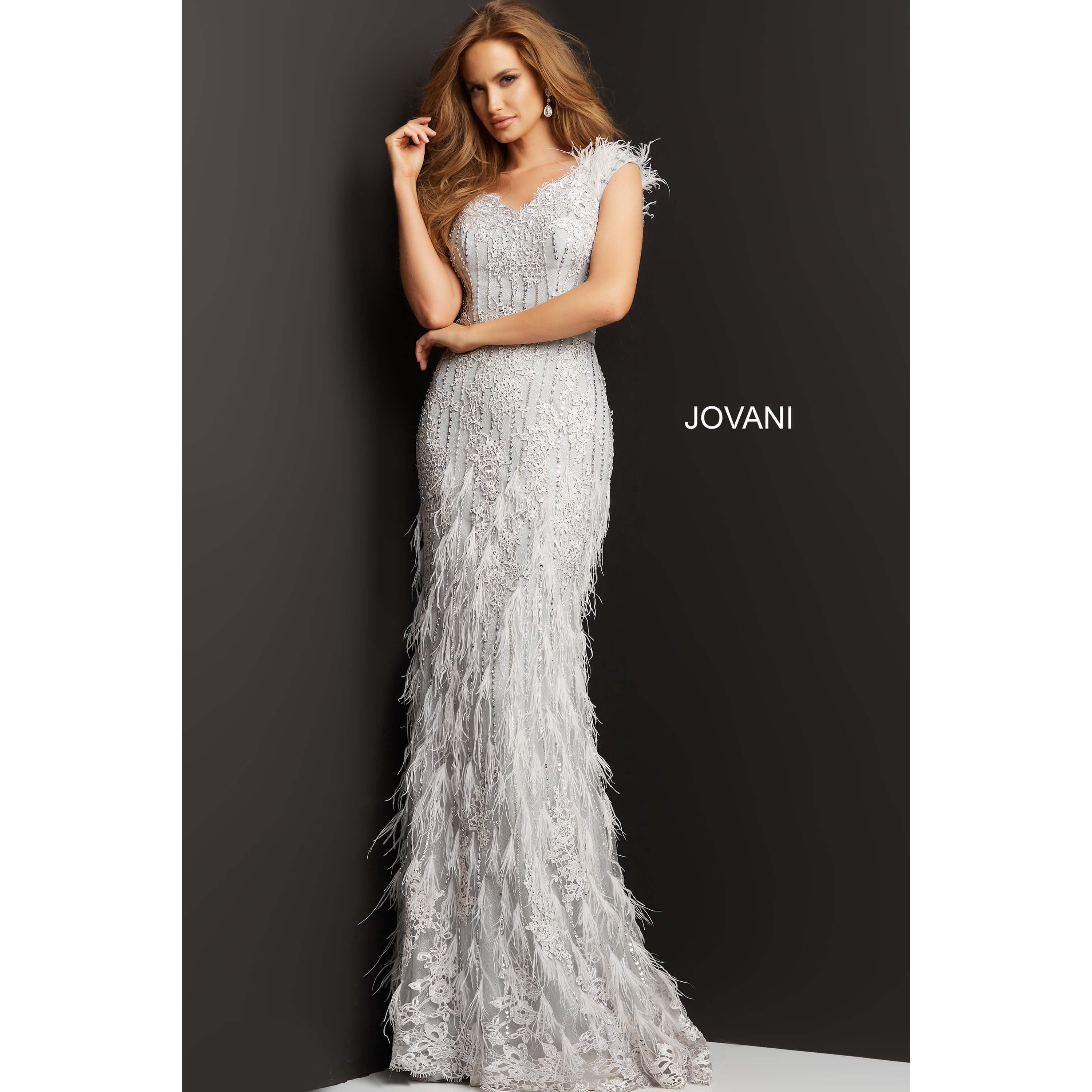 Jovani 03108 Silver Feather Embellished Evening Dress - Elegant Formal Gown for Prom, Wedding & Black Tie Events