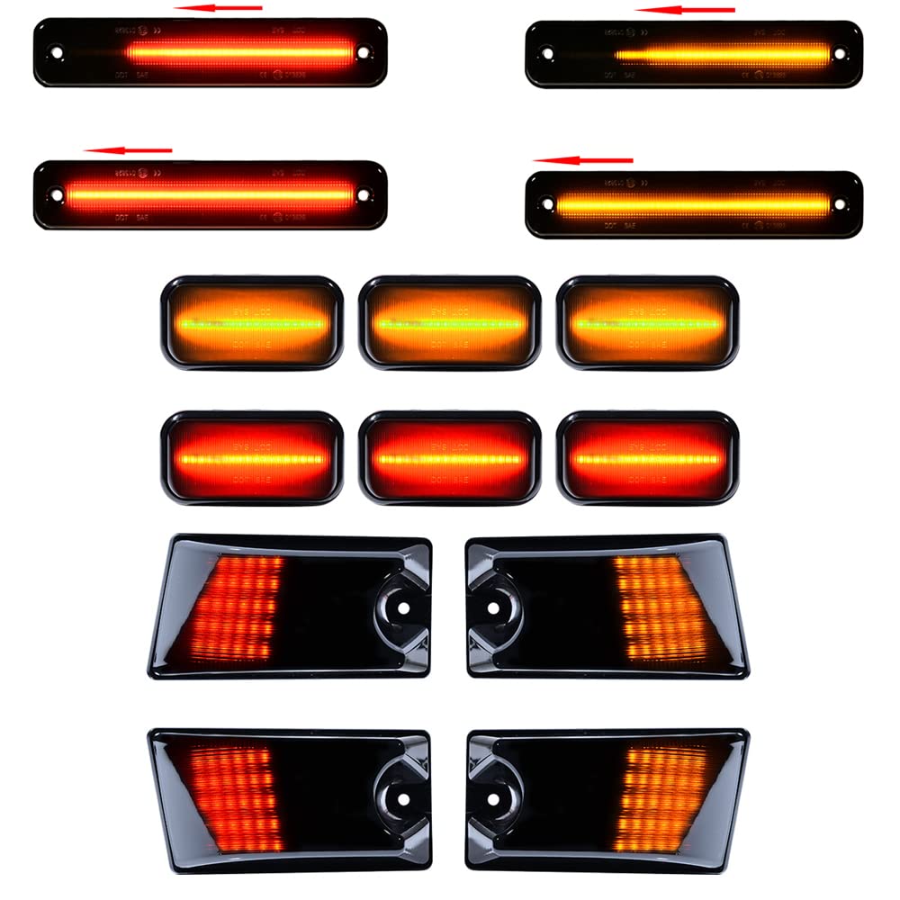 Astra Depot 10pcs Smoked Lens Amber Red LED Cab Roof Marker Lights + 4pcs Front & Rear Dynamic Sequential Turn Signal Side Marker Lights Kit for Hummer H2 2003-2009 - Perfect for Off-Roading, Truck Customization & Night Driving Safety