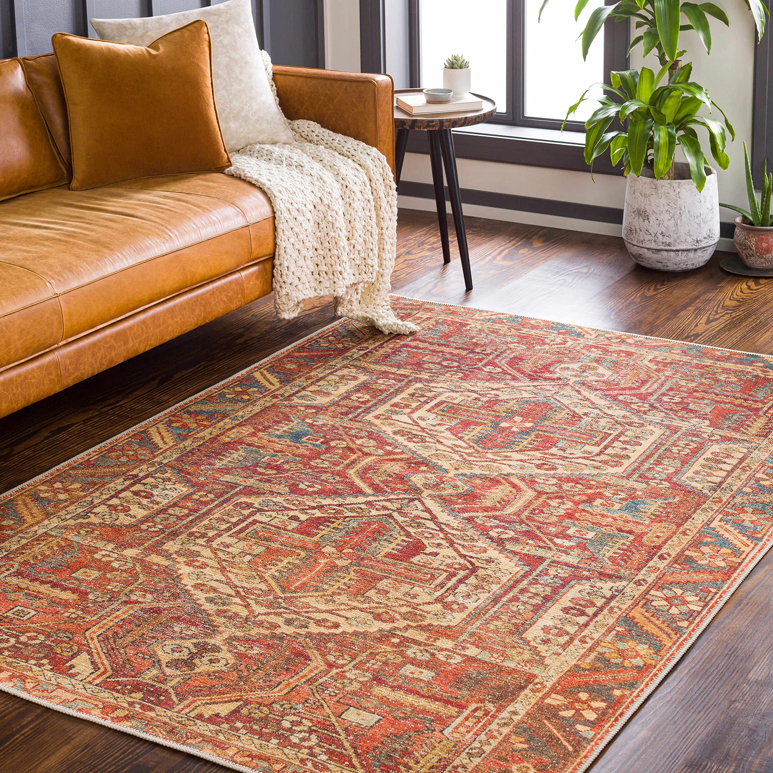 Hauteloom Lillooet Traditional Machine Washable Area Rug - Orange, Blue, Red - 5'3