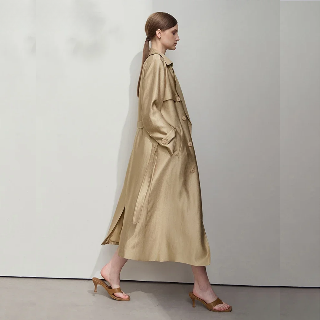 Minimalist Wide Waist Trench Coat for Women - 2025 Spring Summer Fashion Long Double Breasted Overcoat with Turn Down Collar | Office Wear, Business Casual, Spring Outerwear