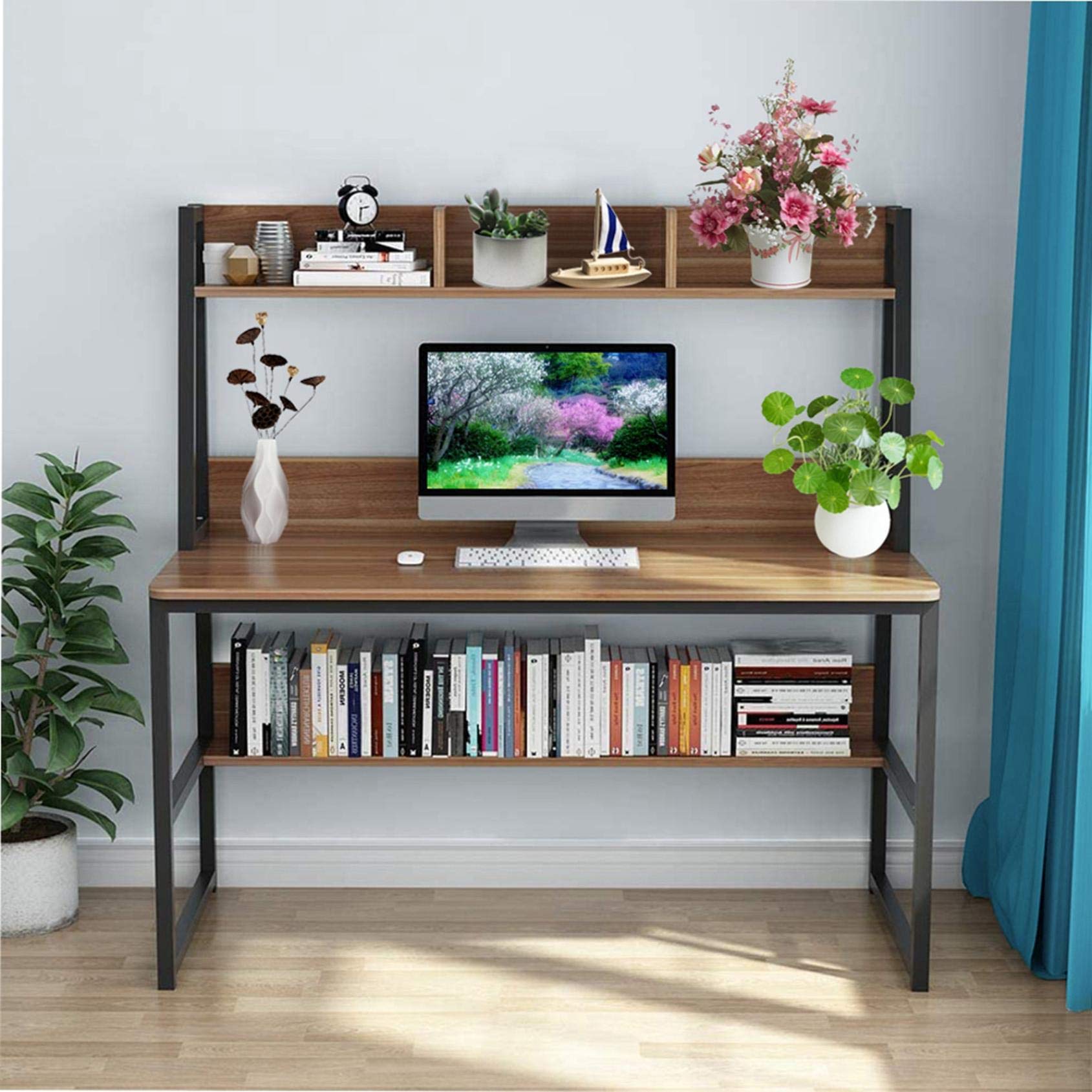 2-in-1 Writing Desk with Bookshelf - Modern Study Table for Students, Home Office Computer Desk & Gaming Station - Space-Saving Bedroom Furniture for Work, Study, Makeup Vanity and Console Use
