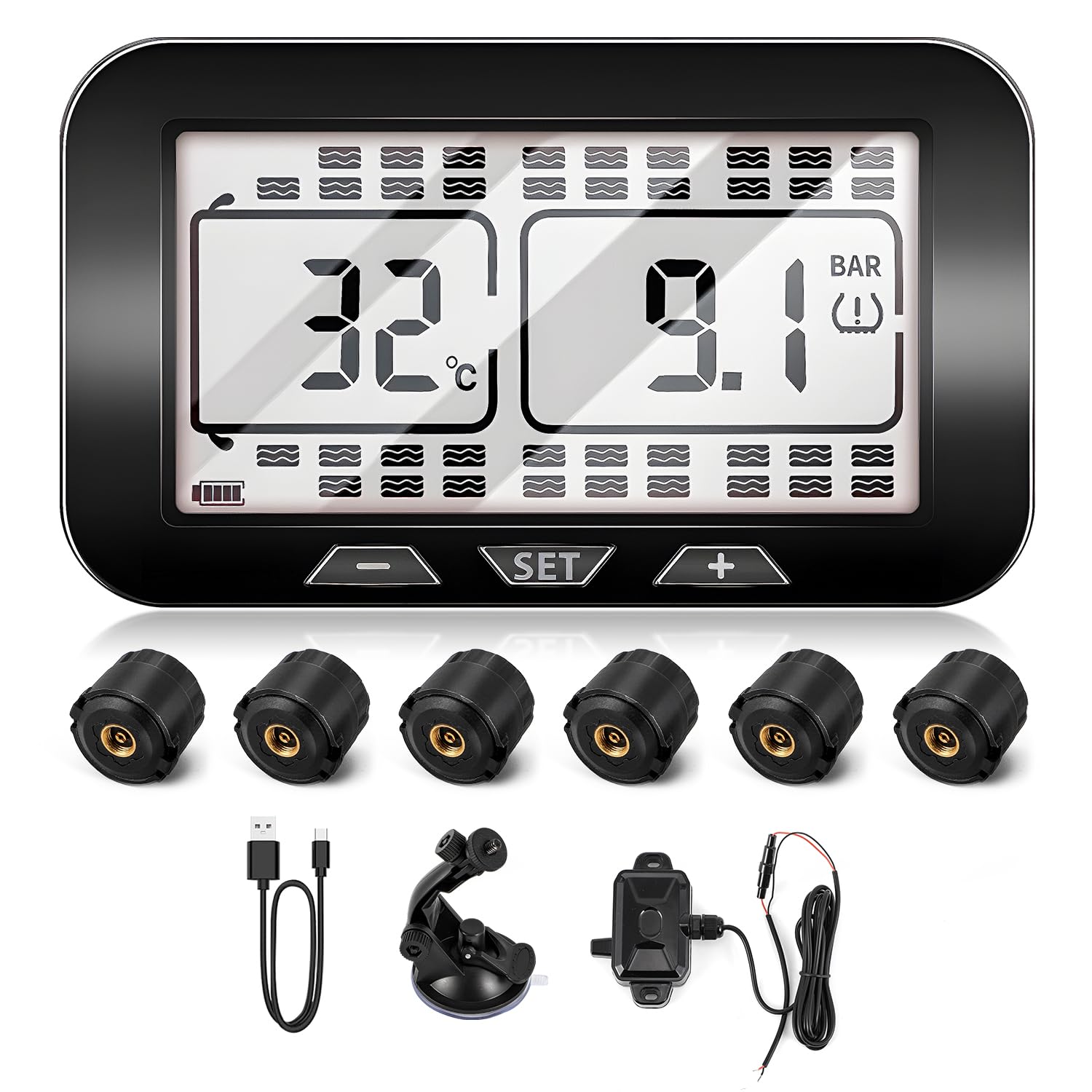 6-Sensor Solar-Powered TPMS for Trailers - Real-Time Tire Pressure & Temperature Monitoring (0-218psi) - Ideal for RVs, Travel Trailers, Coaches & Heavy Trucks - Perfect for Long-Haul Safety & Fleet Management