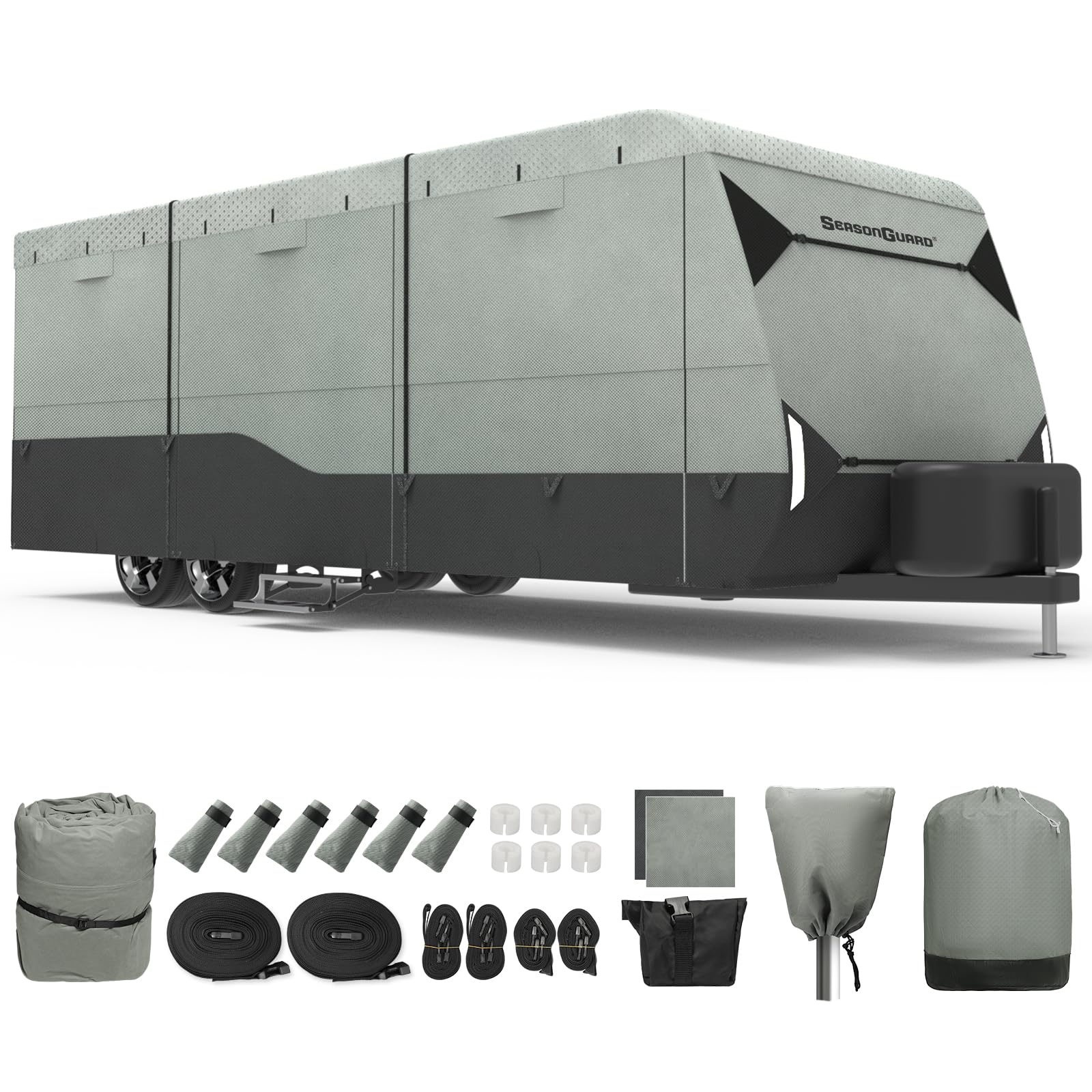 Windproof Heavy-Duty 7-Layer RV Travel Trailer Cover with Adhesive Repair Patches - Fits 30'-33' Campers (Grey) - All-Weather Protection for Outdoor Storage & Winter Use