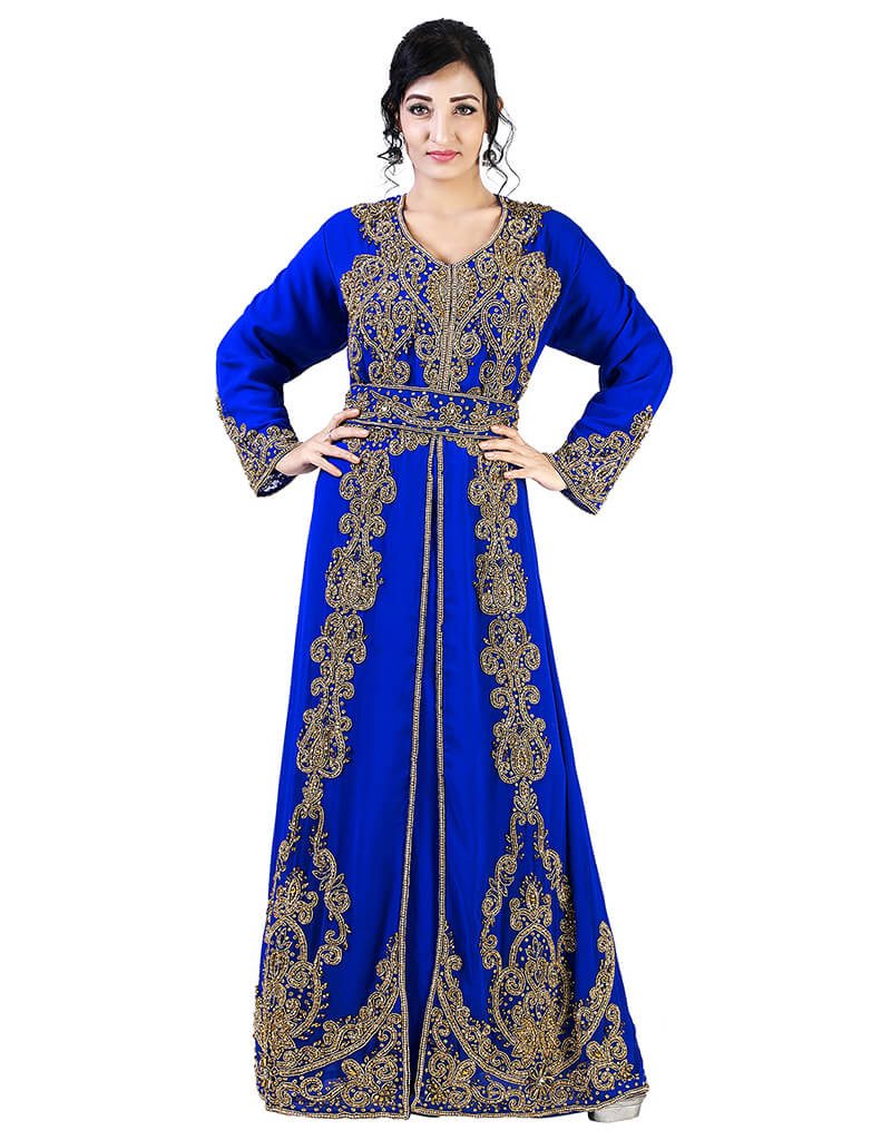 Elegant Arabic Royal Blue Georgette Kaftan with Pearl Embroidery - Perfect for Weddings, Parties & Special Occasions