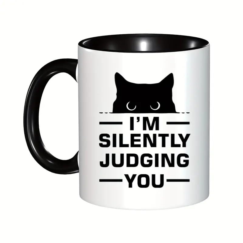 11oz Ceramic Cat Coffee Mug - Black & White 'I'm Silently Judging You' Funny Tea Cup - Perfect for Office, Home & Gifts