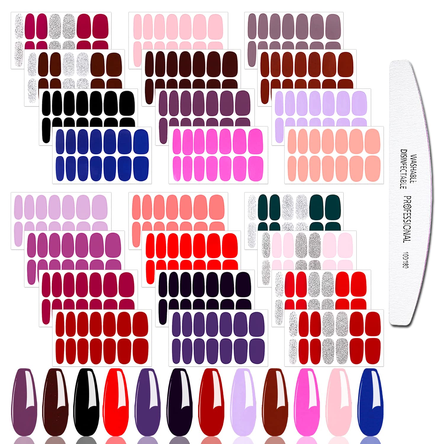 JERCLITY 24 Sheets Solid Color Nail Polish Strips - Self-Adhesive Nail Wraps for Women, DIY Nail Art Decals with Nail File - Perfect for Home Manicures, Parties & Gifts