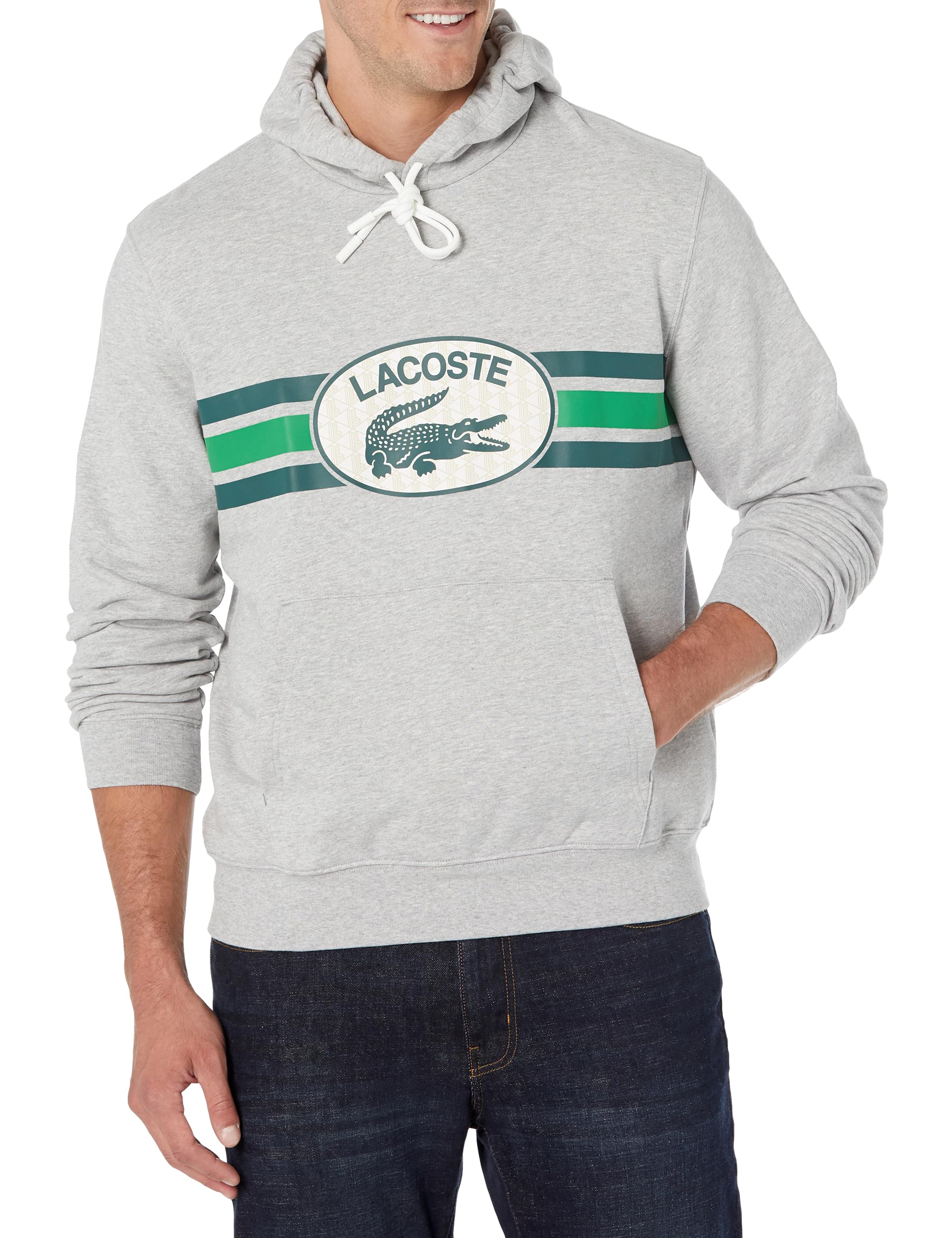 Lacoste Men's Monogram Center Graphic Hooded Sweatshirt | Casual Pullover Hoodie for Men | Perfect for Streetwear, Gym & Everyday Comfort