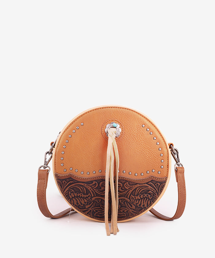 Montana West Tooled Leather Circle Crossbody Bag for Women - Stylish Boho Shoulder Purse for Everyday Use, Travel & Shopping