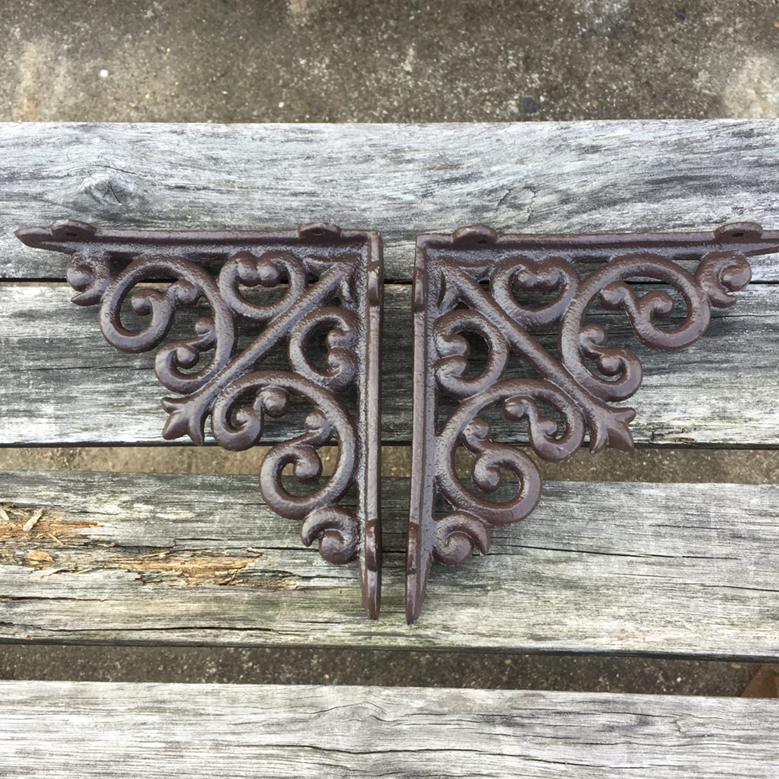 Antique Style Cast Iron Brackets - Heavy Duty Rustic Shelf Brackets for Garden, Wall Shelves & Home Decor - Pair of Brown Decorative Braces for Indoor & Outdoor Use