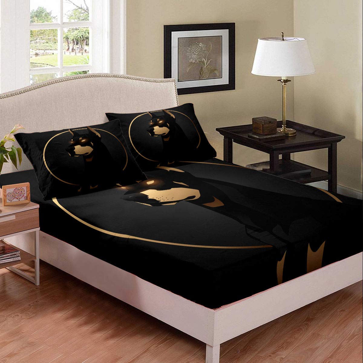 Black Dog Cartoon Kids Fitted Sheet - Twin XL Microfiber 2PC Set for Teens Bedroom