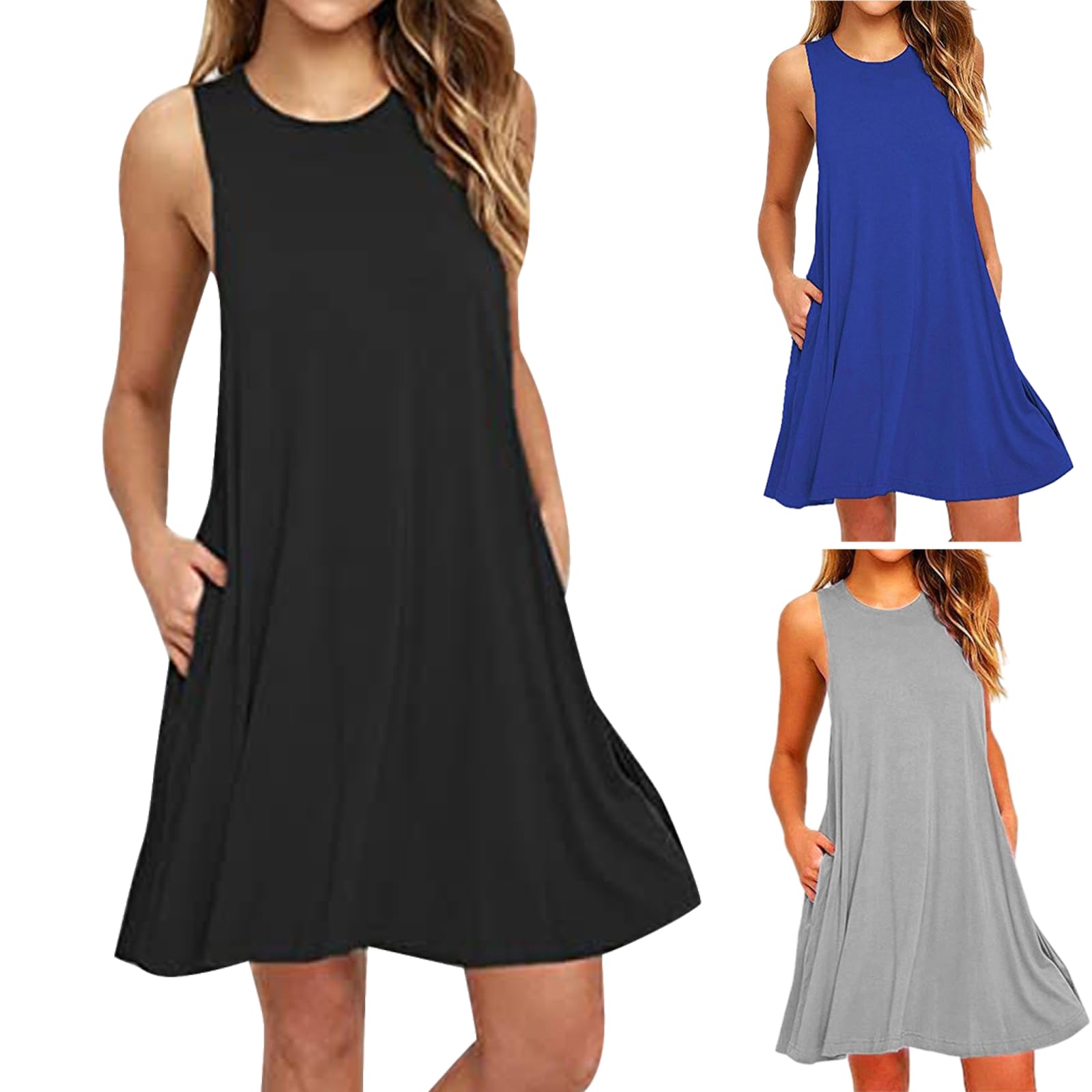 Women's Summer Casual Tank Dress - Loose Flowy Beach Sundress with Pockets | Sleeveless Crewneck Comfortable Dress for Vacation, Pool Party & Outdoor Activities