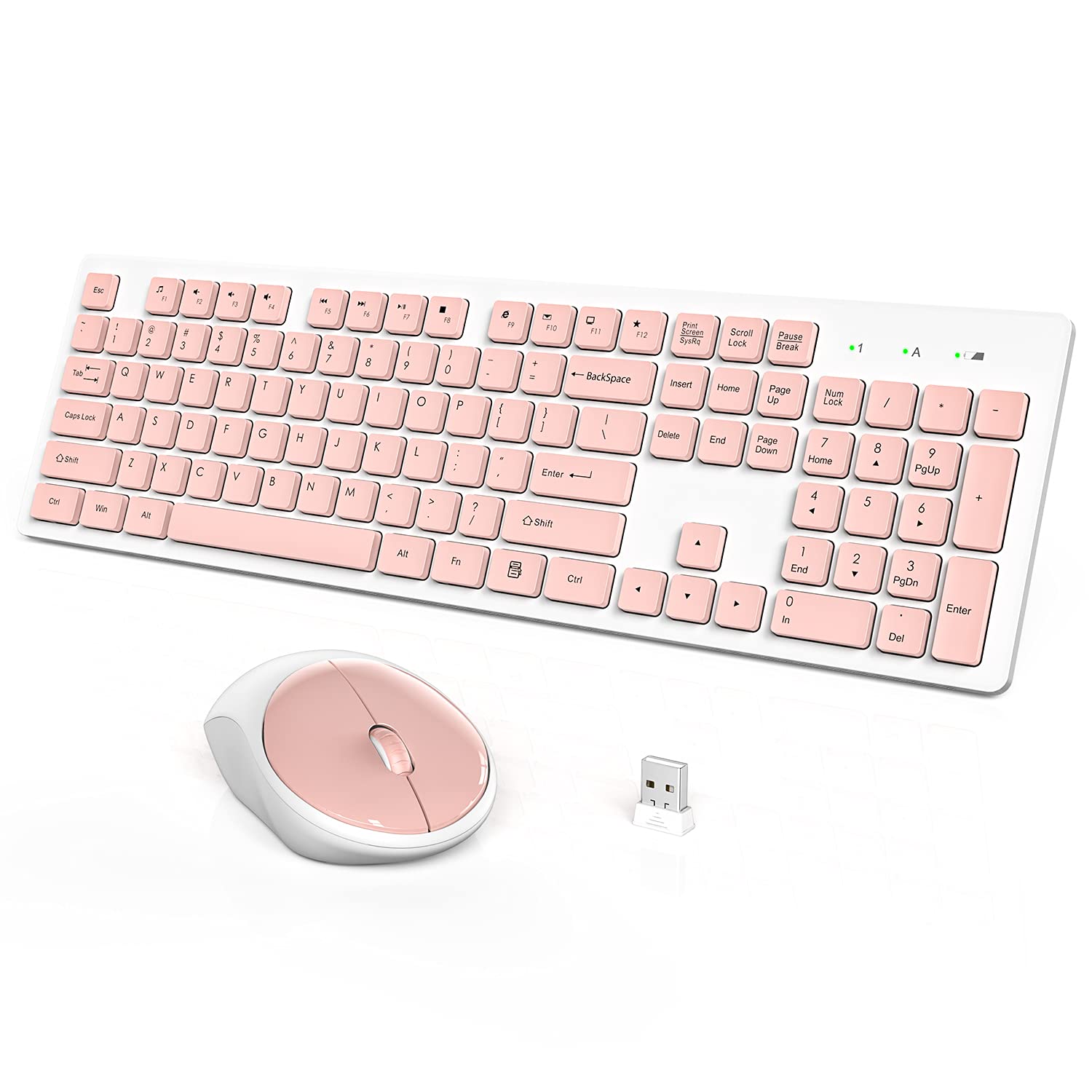 WisFox Wireless Keyboard and Mouse Combo - 2.4GHz Full-Size Silent USB Keyboard & Mouse Set for PC, Laptop, Desktop Computers - Compatible with Windows (Pink & White) - Perfect for Office, Home, Gaming & Remote Work