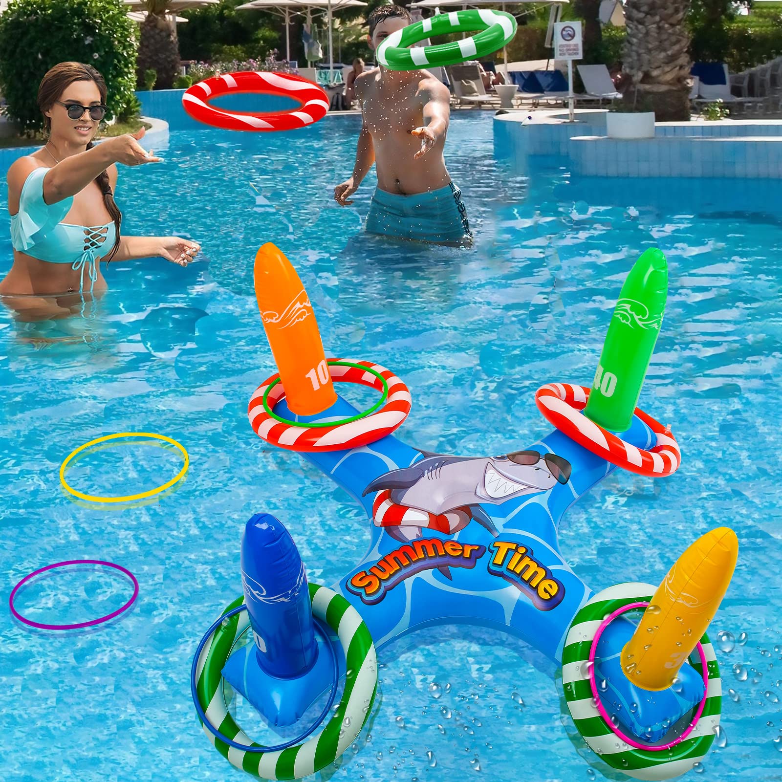 Inflatable Pool Ring Toss Game Set for Kids & Adults - 2 Style Colorful Floating Rings, Fun Water Toys for Swimming Pools, Beach & Backyard Summer Parties