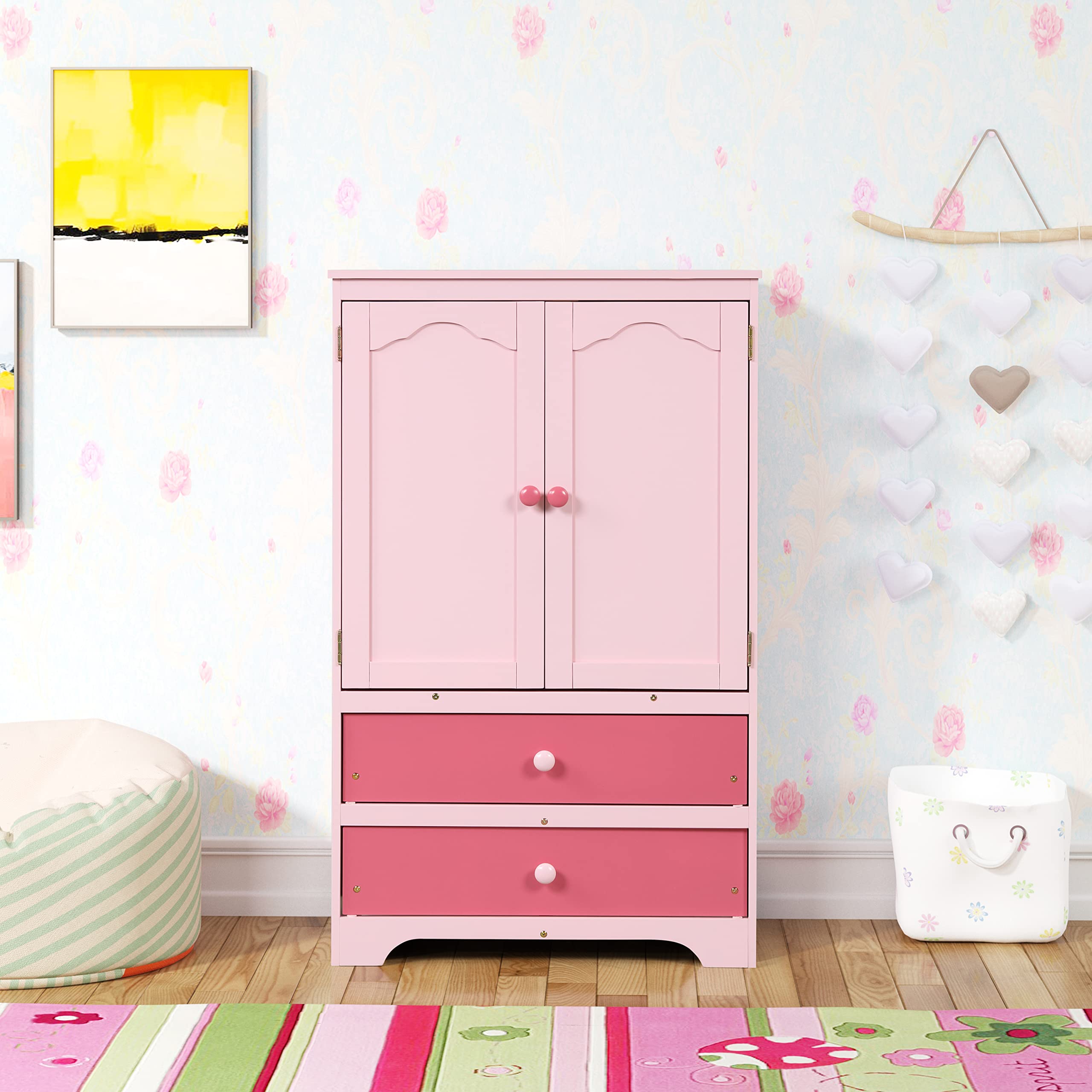 Wooden 2-Door Wardrobe Closet with 2 Drawers - Bedroom Storage Cabinet with Clothes Rail & Shelves for Clothes Organization (White/Pink/Gray) | Perfect for Bedrooms, Dorms, and Guest Rooms