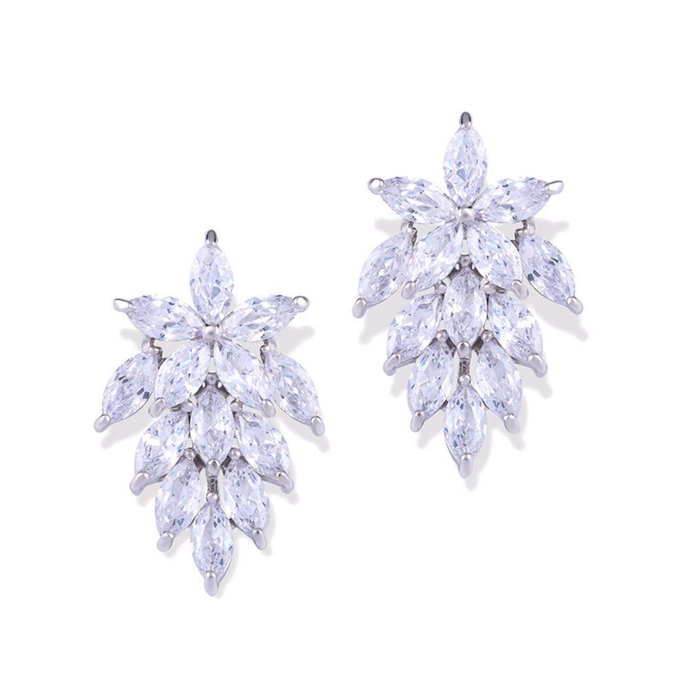 QERSHI S925 Silver Stud Earrings for Women - Elegant Zircon Leaf Pendant Earrings with Secure Back Hanging, Korean Style Jewelry for Daily Wear, Office & Party Occasions