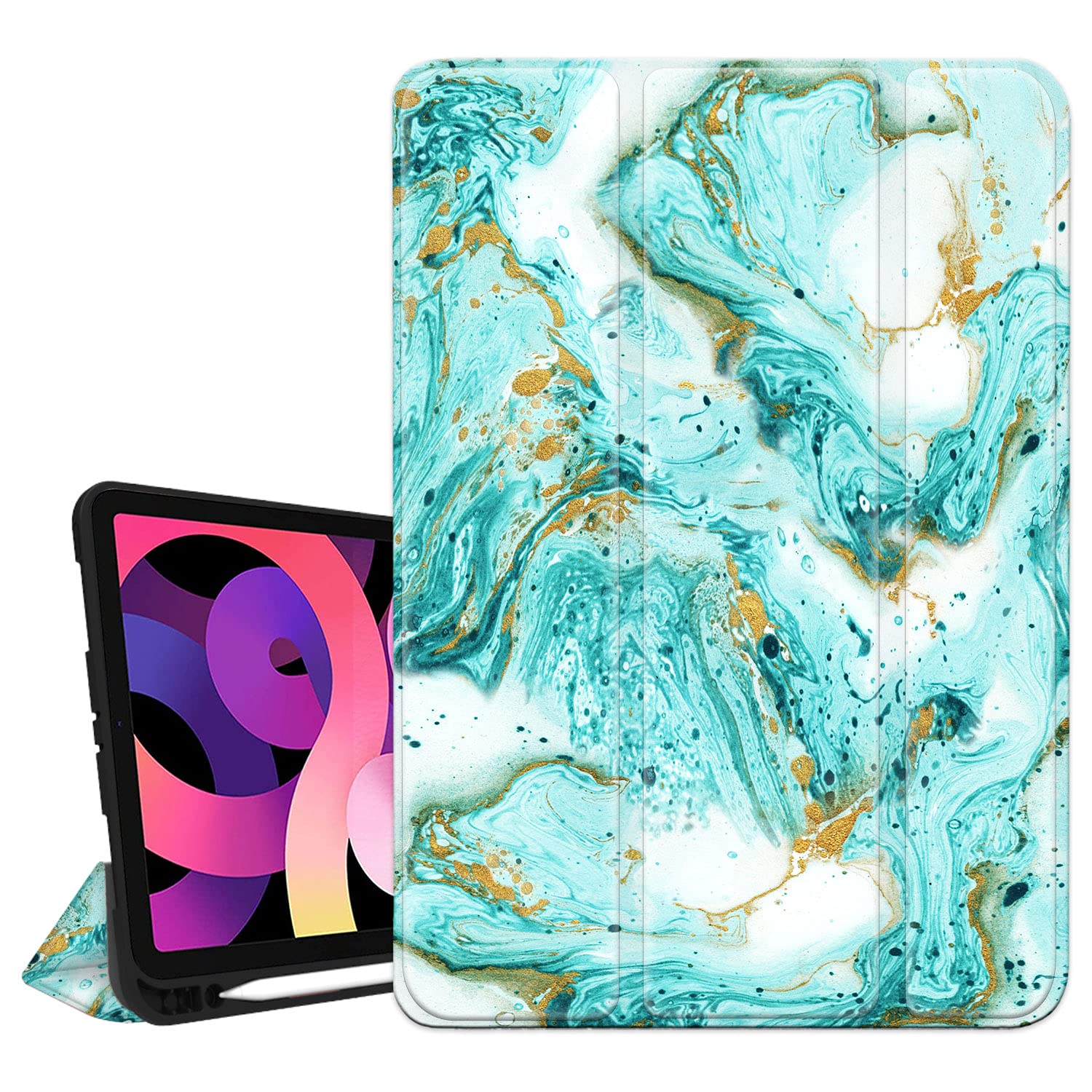 Hepix iPad Air 5th/4th Generation Case (2022/2020) with Pencil Holder - Slim Trifold Protective Cover for 10.9 inch iPad Air - Shockproof Stand with Auto Sleep/Wake - Green Teal Marble Design - Perfect for Work, School & Travel