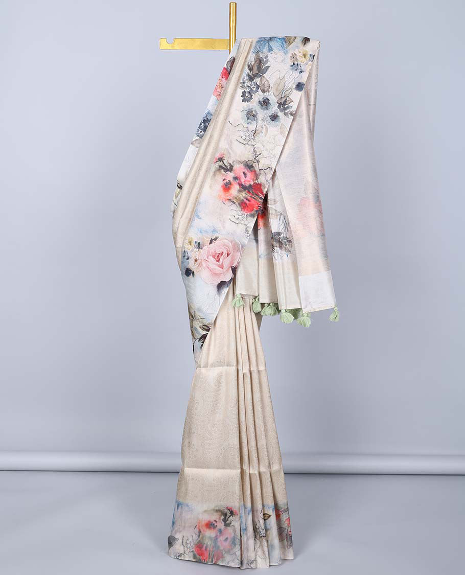 Beige Paisley Design Semi Banaras Tissue Saree with Floral Print Self Border & Pallu - Perfect for Weddings, Parties & Festive Occasions