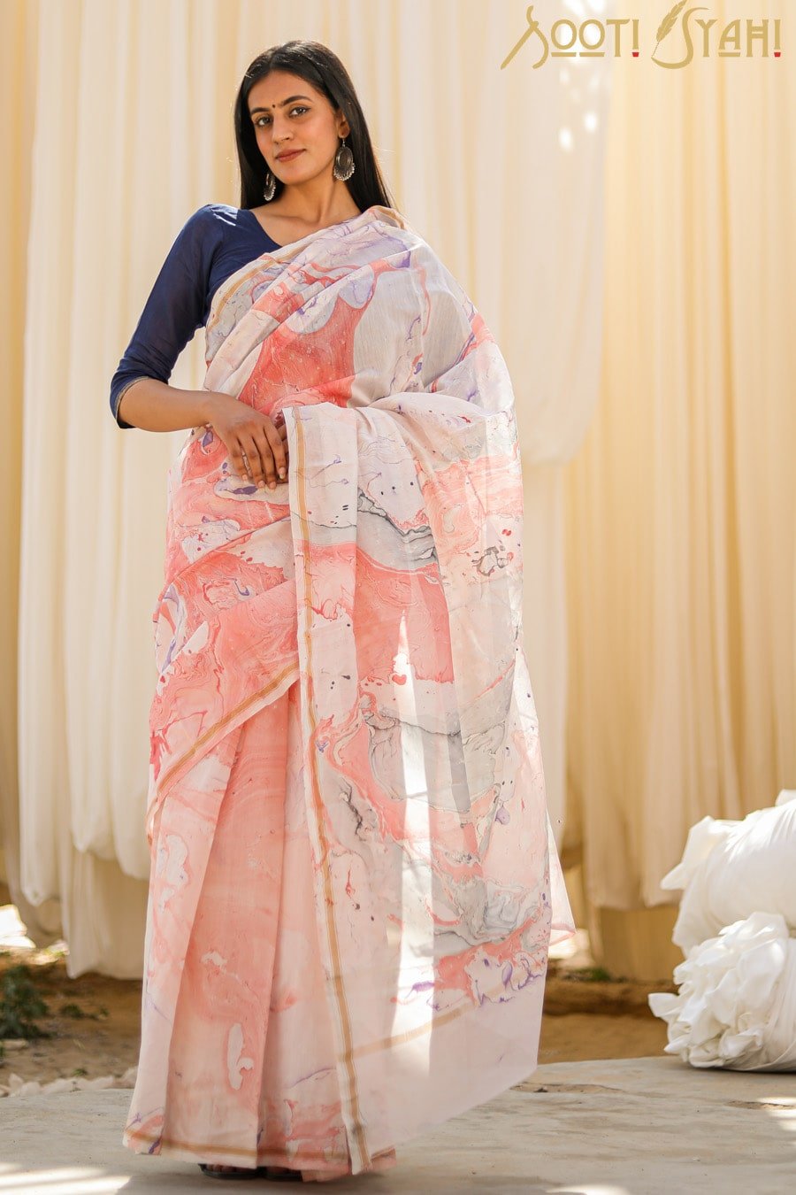 Subtle Hand Marble Print Chanderi Silk Saree – Elegant Indian Traditional Wear for Weddings & Festive Occasions