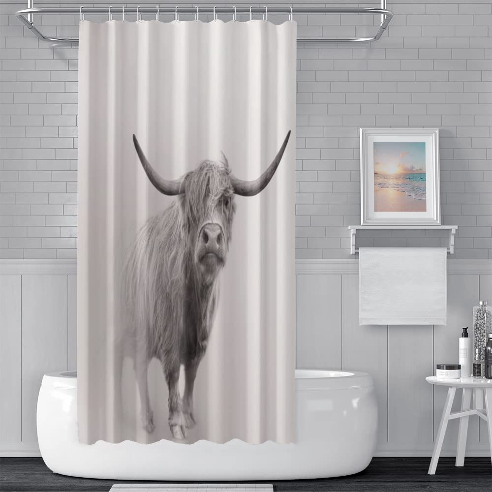Highland Cow Shower Curtain Set - Funny Western Wildlife Animal Bathroom Decor with 12 Hooks, Waterproof Farmhouse Style Fabric (36x72 Inches) for Rustic Bathroom, Cabin, or Country Home Decor